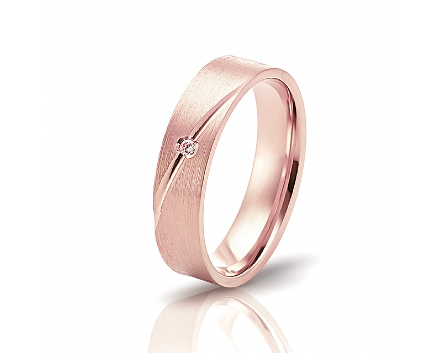 18k rose gold 5mm matte wedding band with diagonal line and a diamond Photos & images