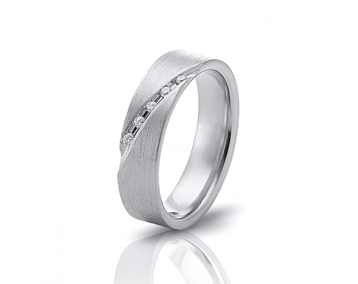 18k white gold 5mm matte wedding band with diagonal line and diamonds