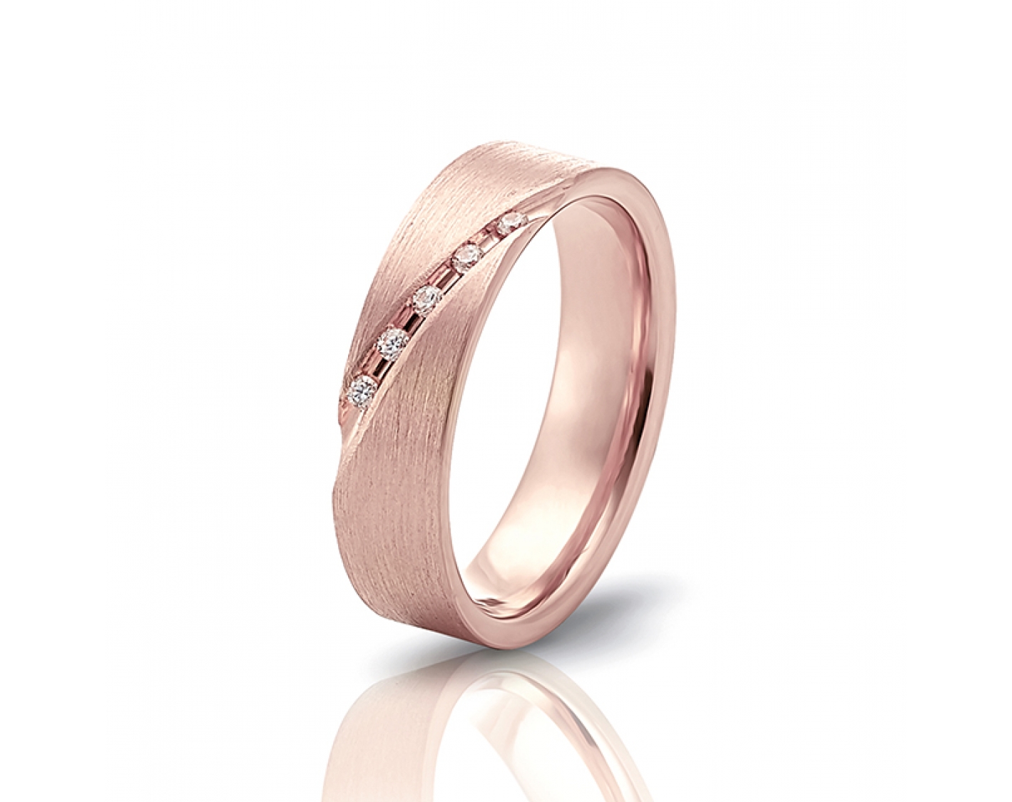 18k rose gold 5mm matte wedding band with diagonal line and diamonds