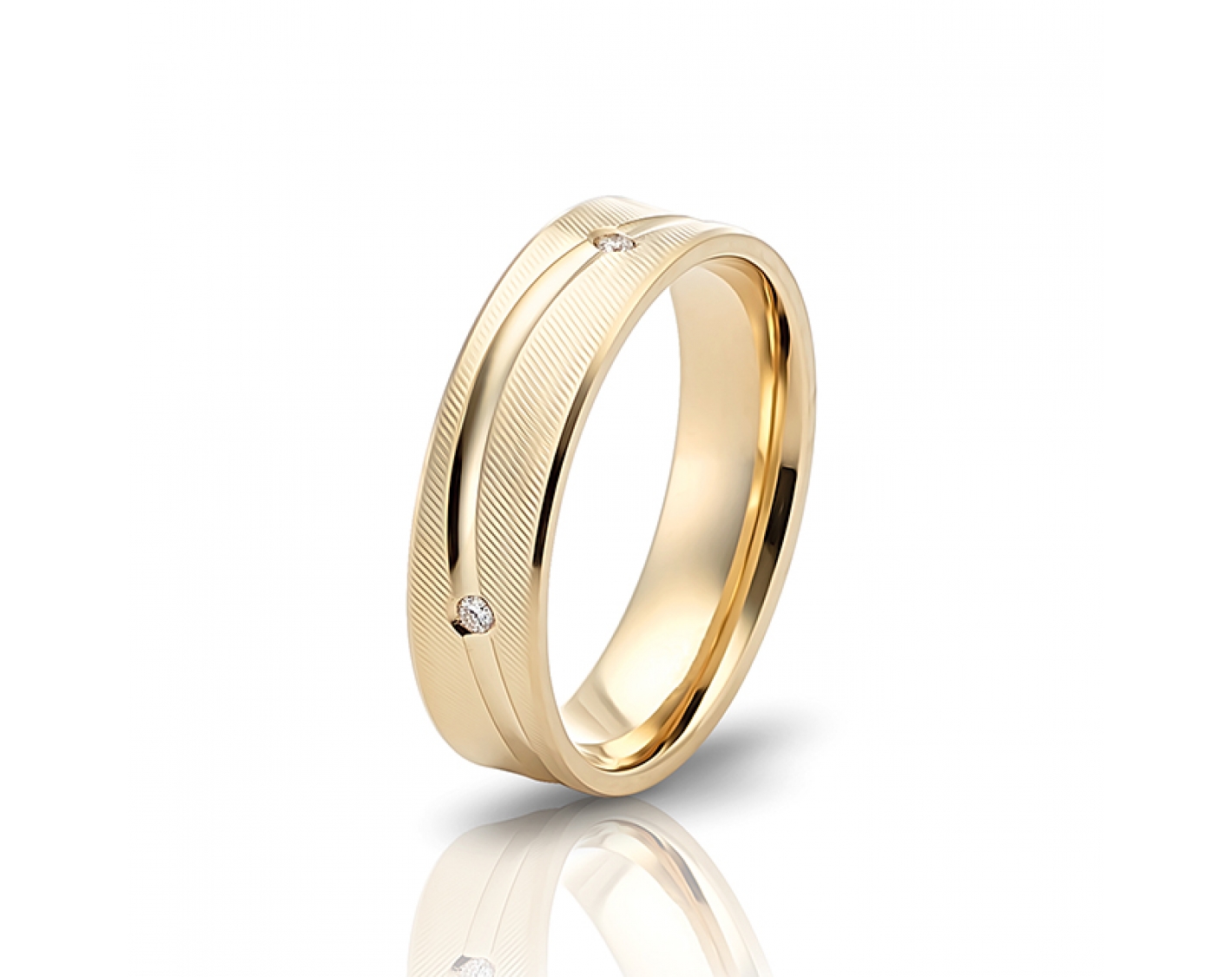 18k yellow gold 5mm matte wedding band with waved shiny line and diamonds