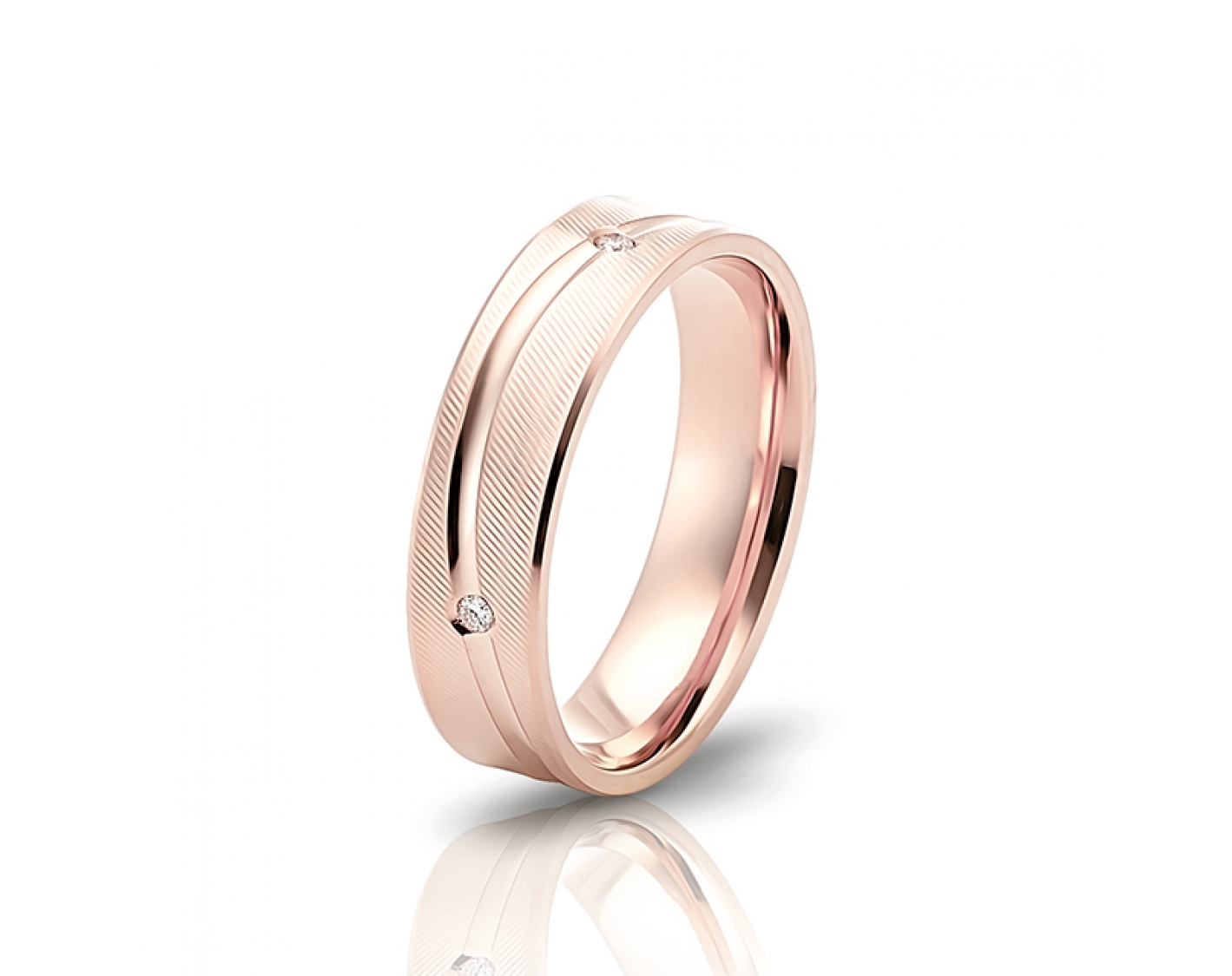 18k rose gold 5mm matte wedding band with waved shiny line and diamonds