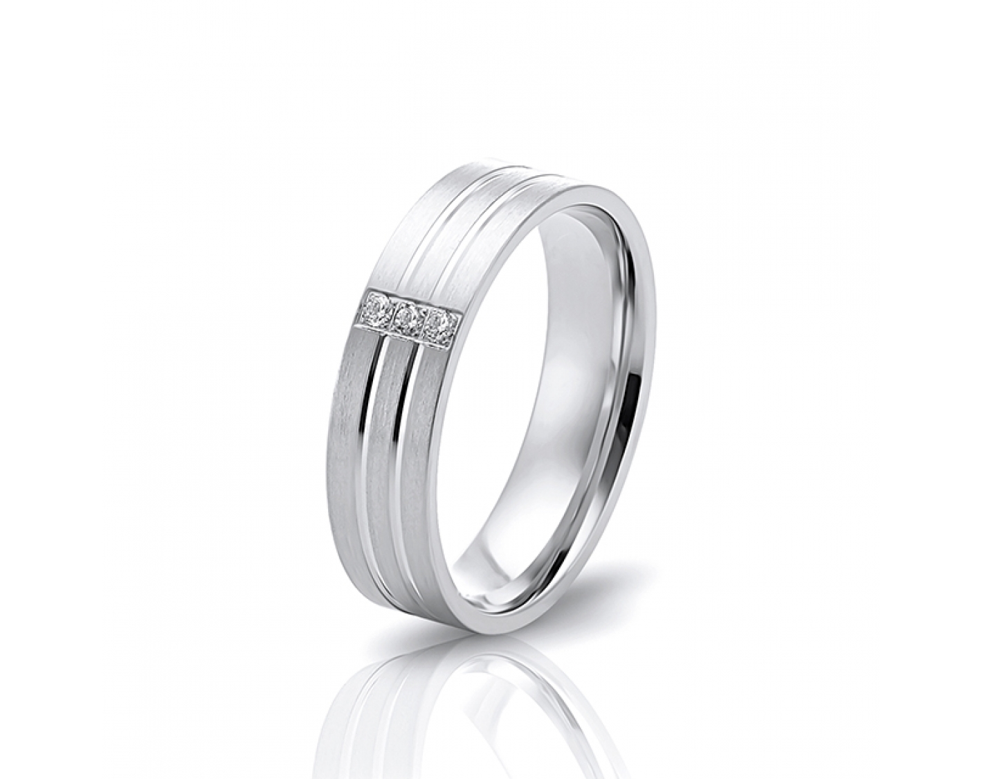 18k white gold 5mm matte wedding band with two shiny lines and diamonds