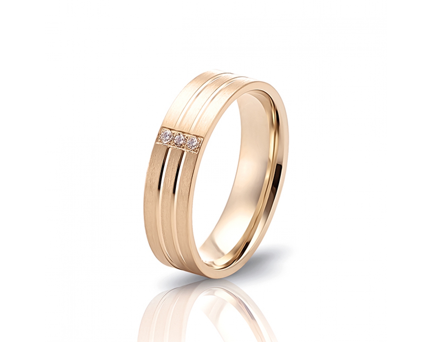 18k rose gold 5mm matte wedding band with two shiny lines and diamonds
