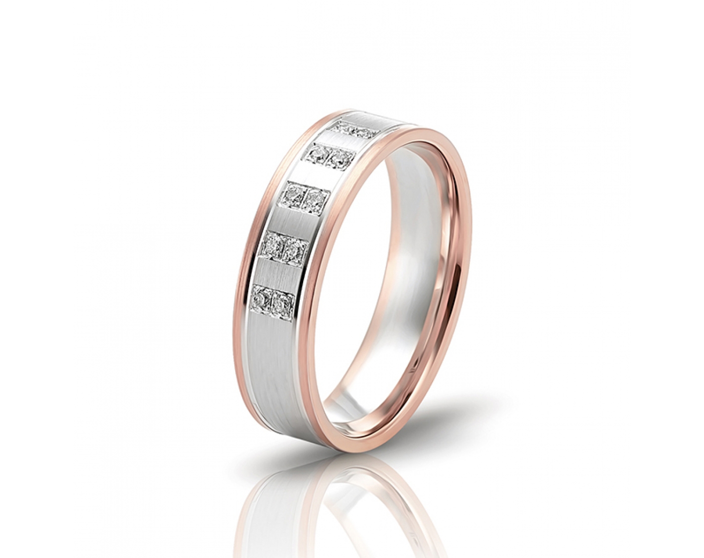 18k rose gold 6mm two-toned* matte wedding band with diamond lines and colored edges