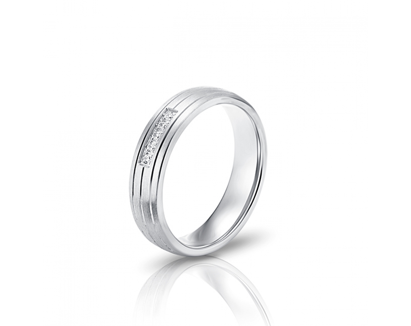18k white gold 5mm matte wedding band with shiny inlays and diamonds