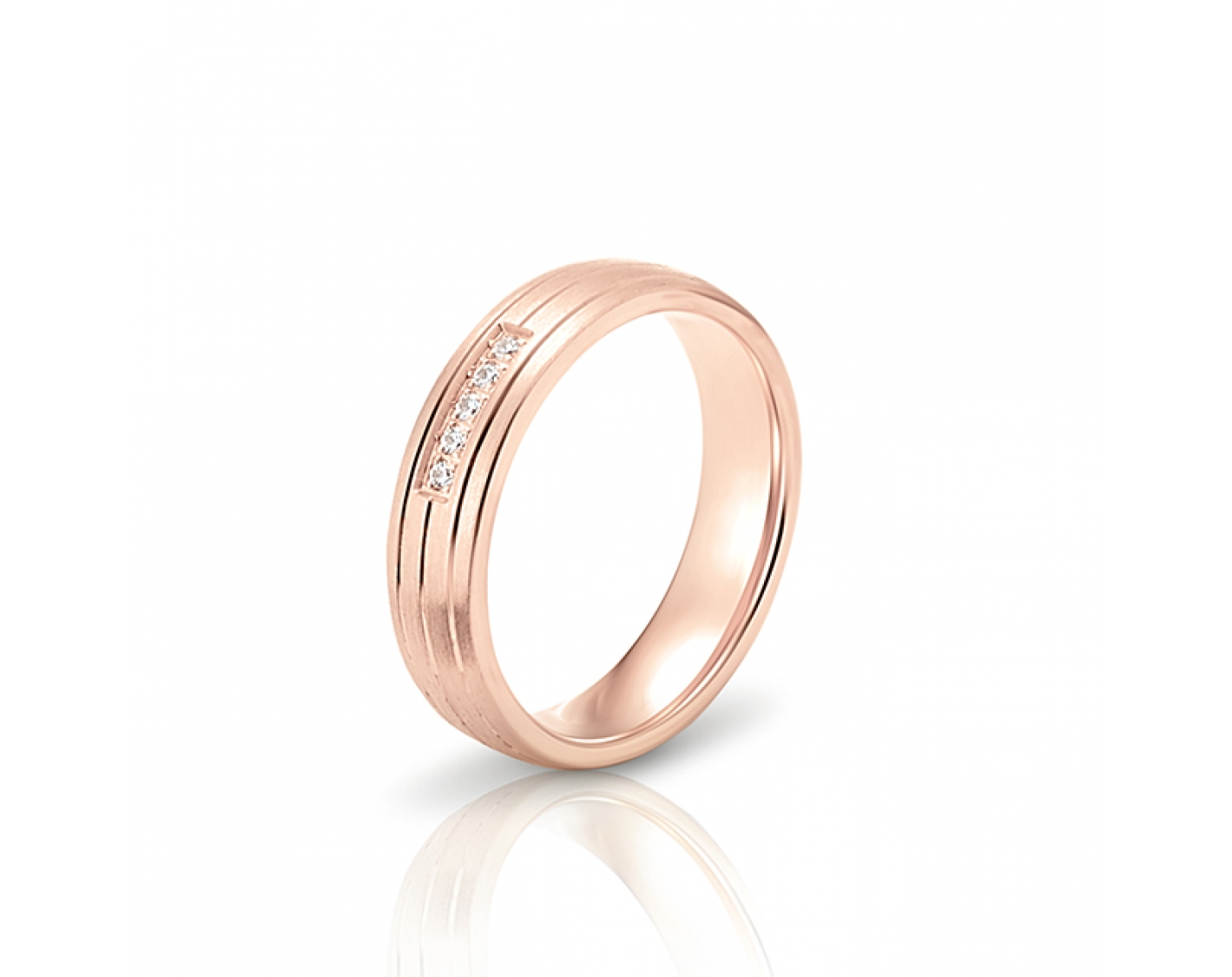 18k rose gold 5mm matte wedding band with shiny inlays and diamonds