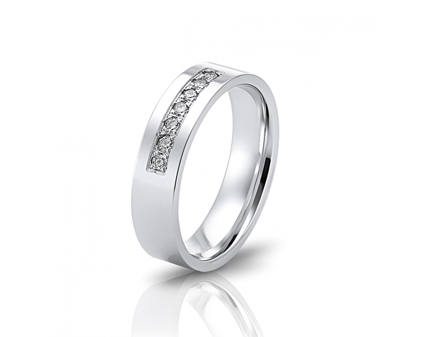 18k white gold 5mm flat wedding band with diamonds