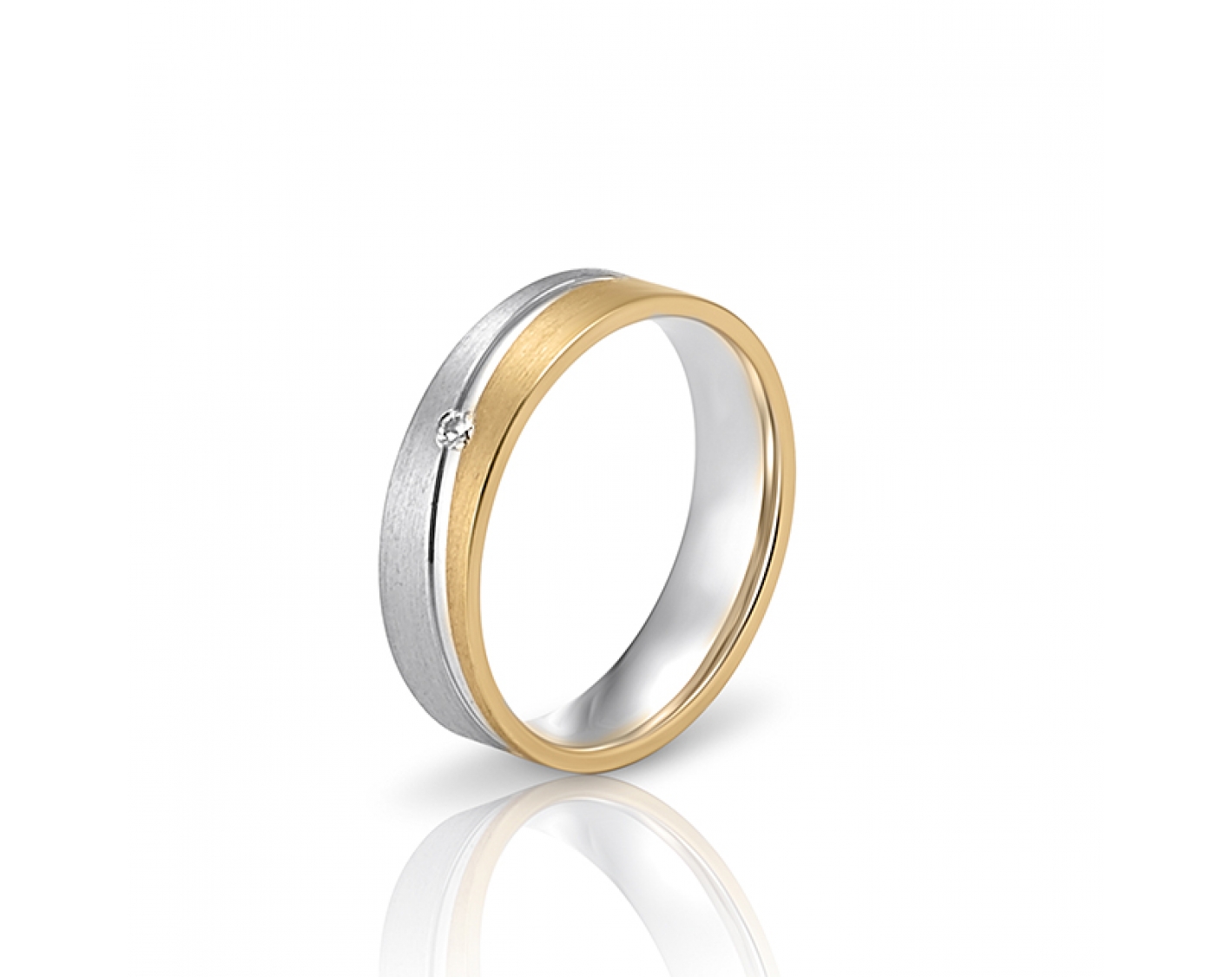 dual-tone 5mm two-toned* wedding band with one diamond and an inlay