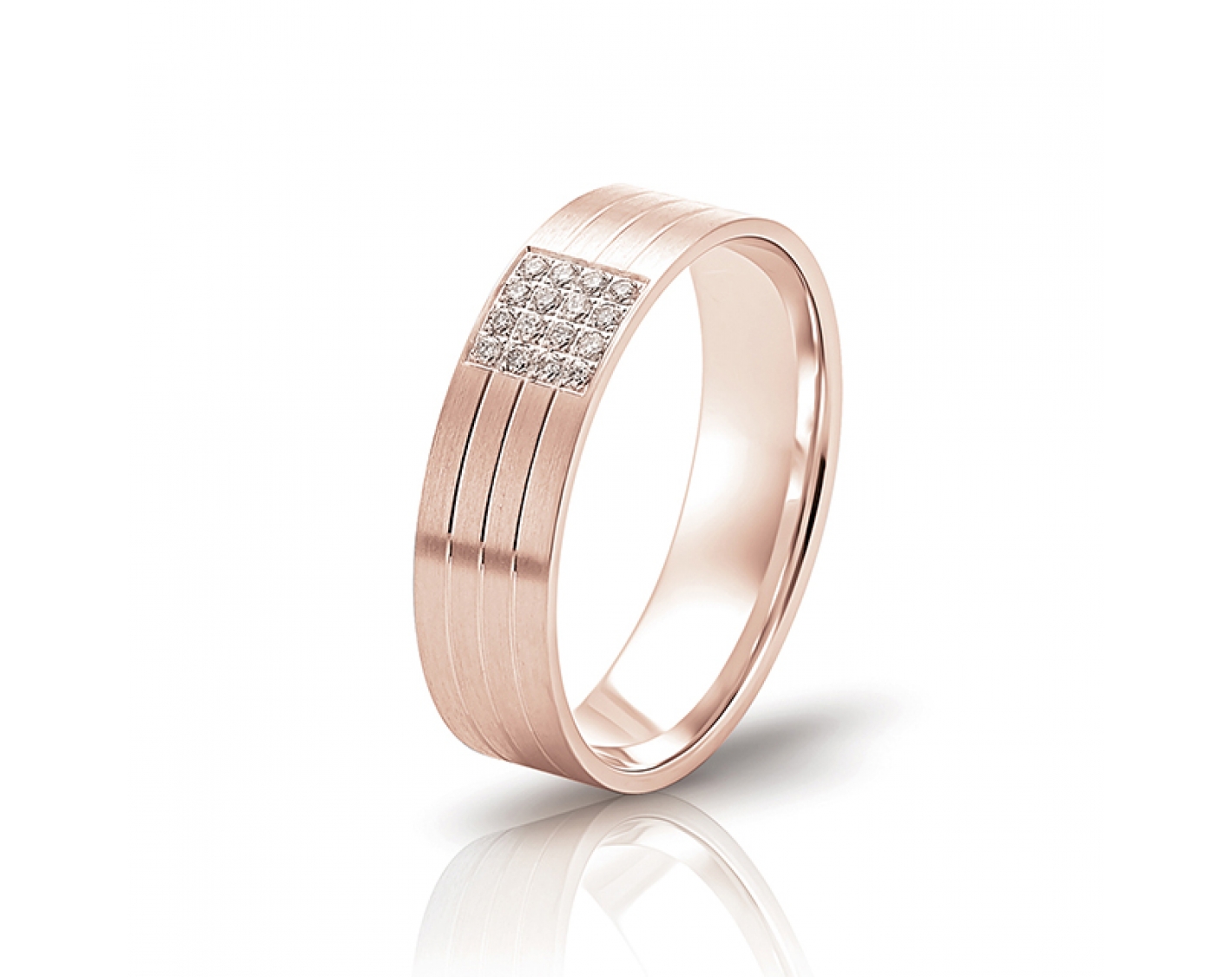 18k rose gold 6mm matte wedding band with diamonds and inlays