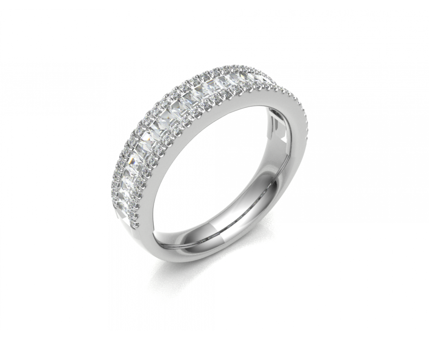 18k white gold multirow round & baguette diamond ring