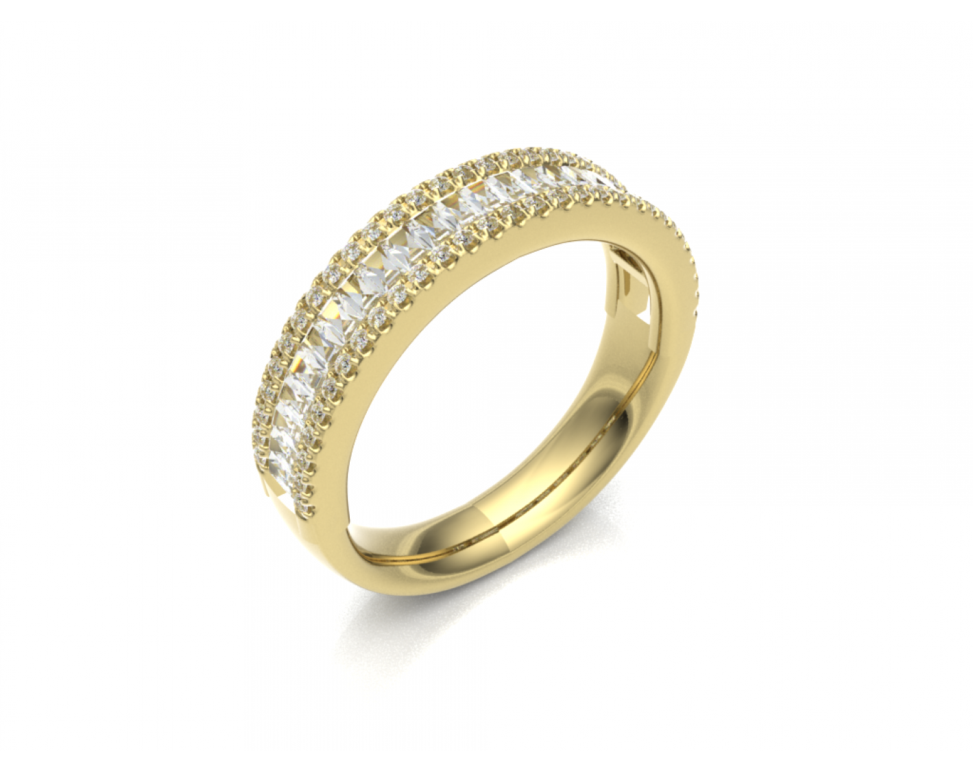 18k yellow gold multirow round & baguette diamond ring