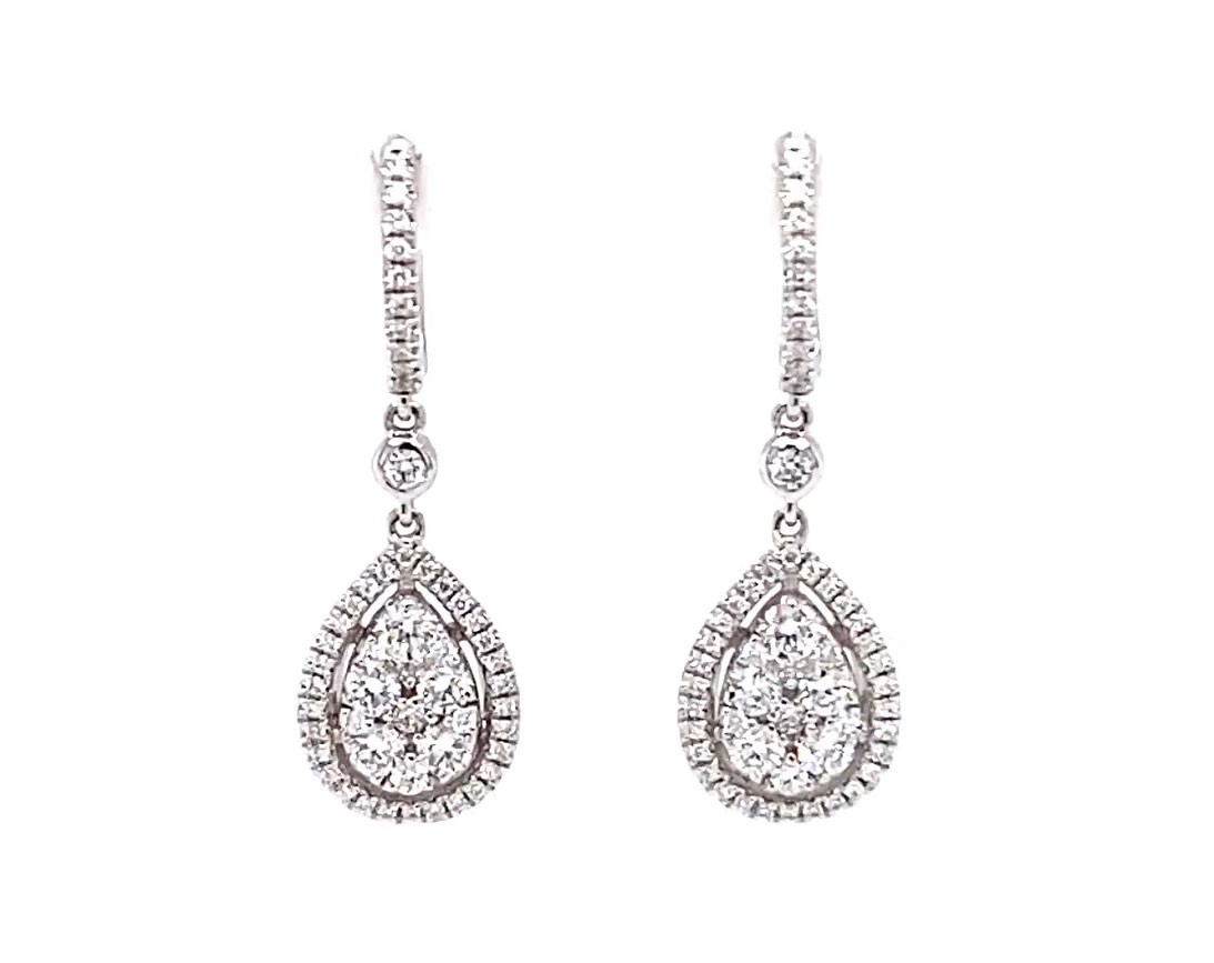 18k white gold diamond pear shaped halo illusion set hanging earrings Photos & images