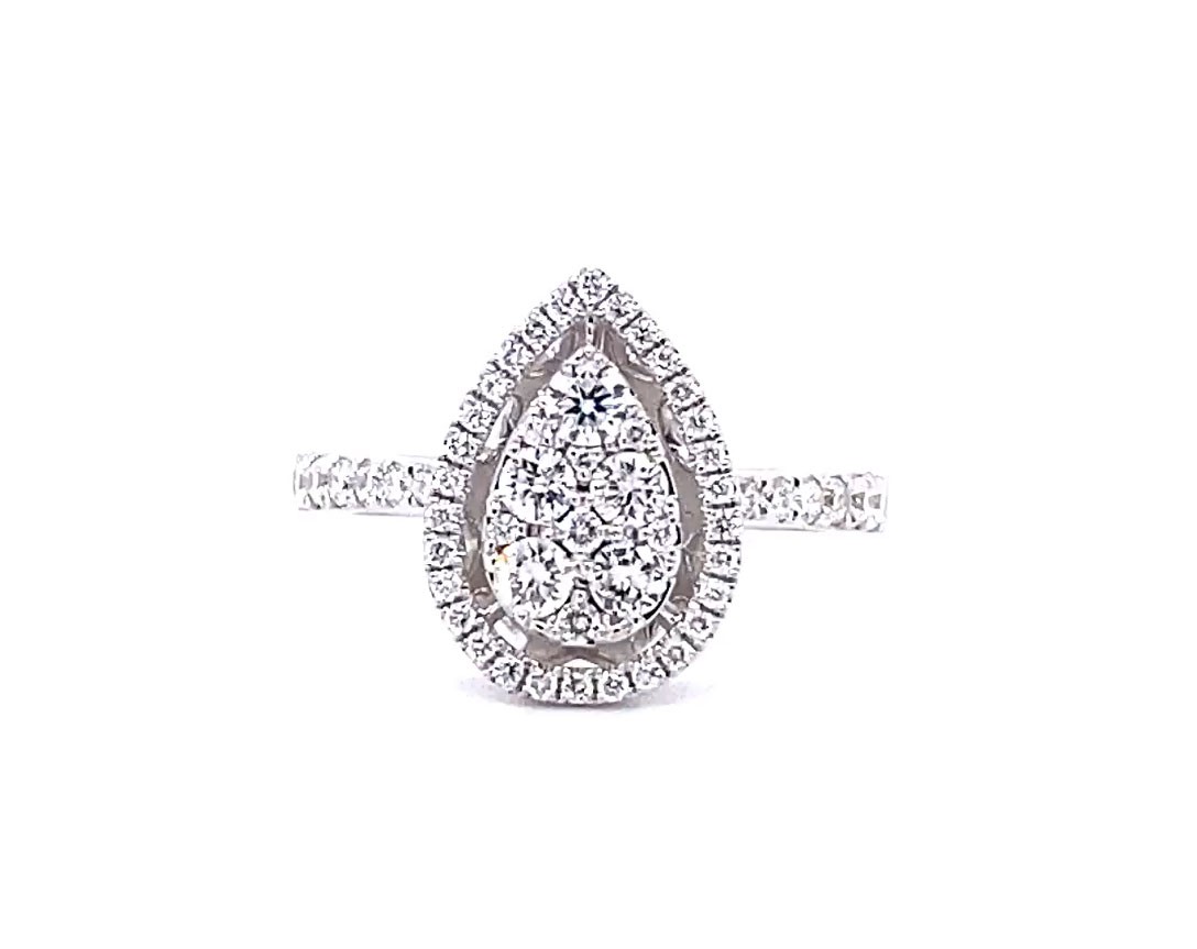18k white gold pear shaped halo illusion set diamond ring Photos & images