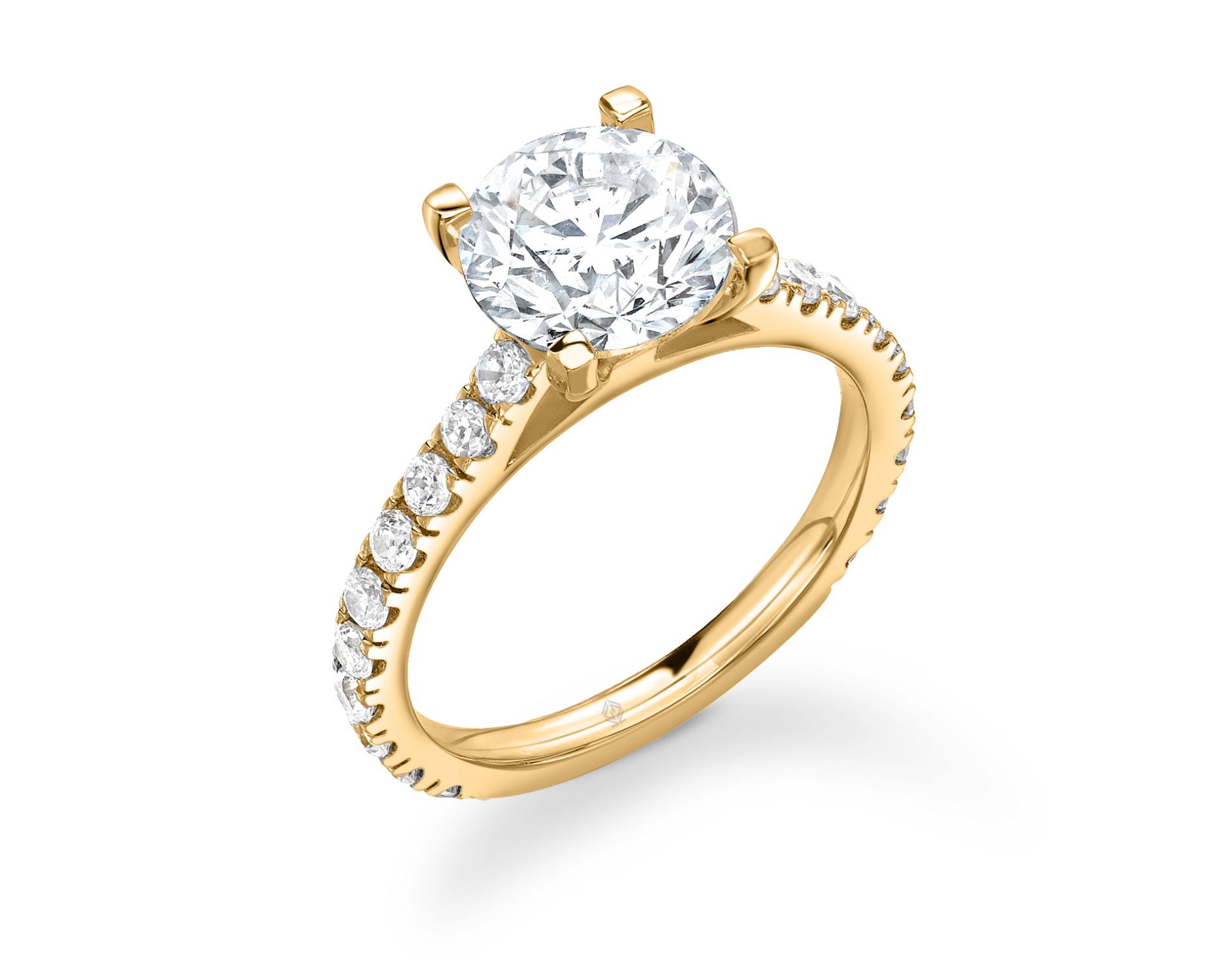 18K YELLOW GOLD 18K YELLOW GOLD ROUND CUT 4 PRONGS DIAMOND ENGAGEMENT RING WITH SIDE STONES PAVE SET
