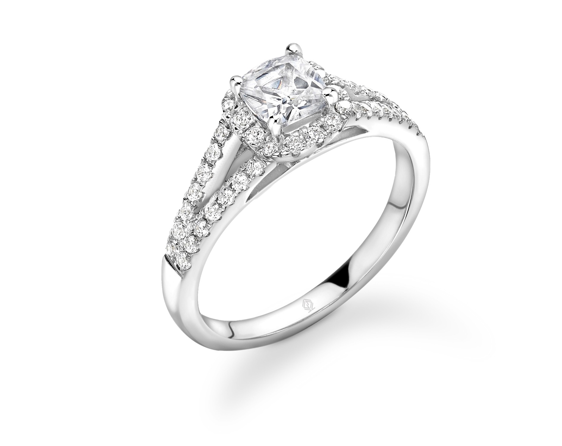 18K WHITE GOLD CUSHION CUT HALO DIAMOND ENGAGEMENT RING WITH SIDE STONES IN SPLIT SHANK PAVE SET