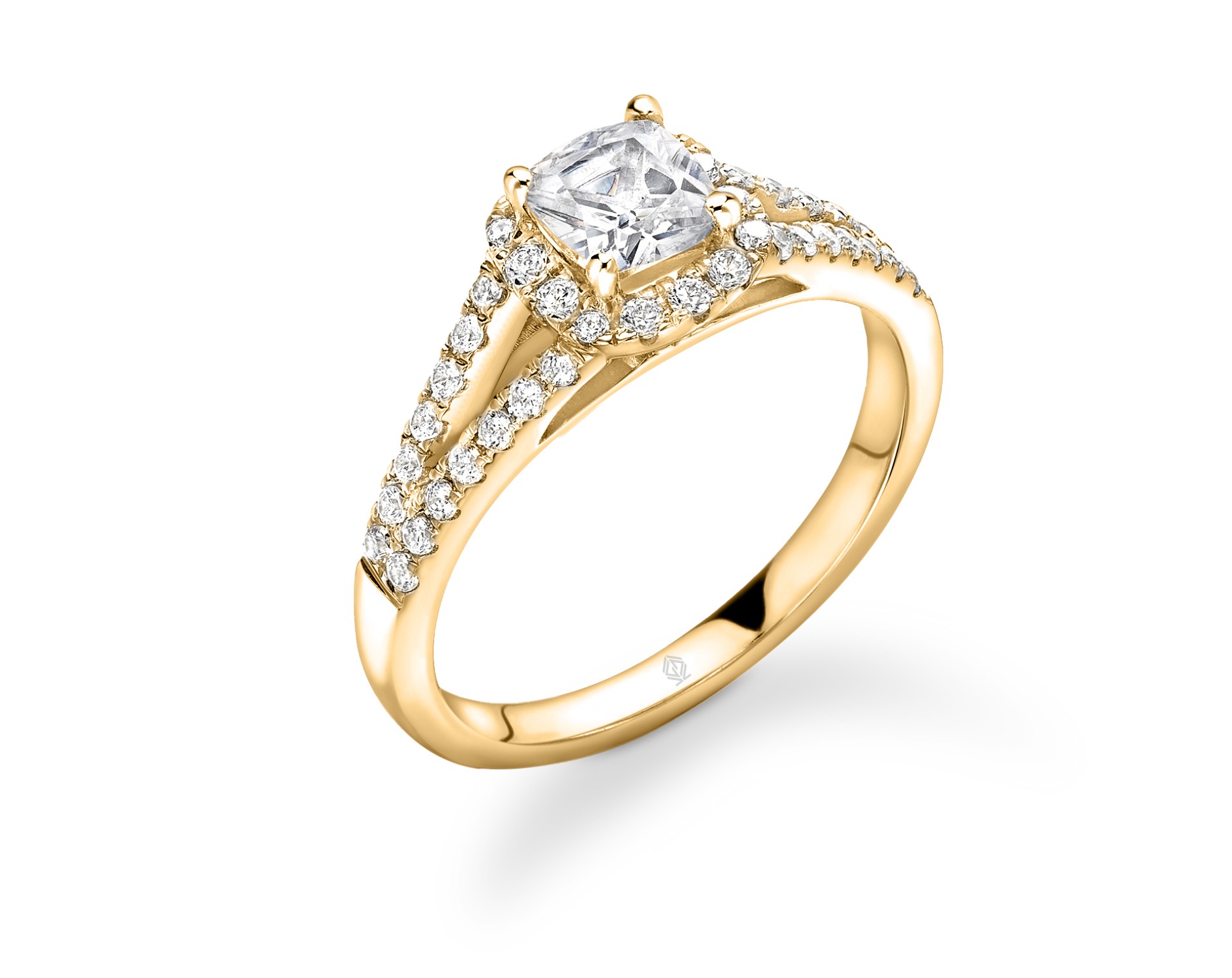 18K YELLOW GOLD CUSHION CUT HALO DIAMOND ENGAGEMENT RING WITH SIDE STONES IN SPLIT SHANK PAVE SET