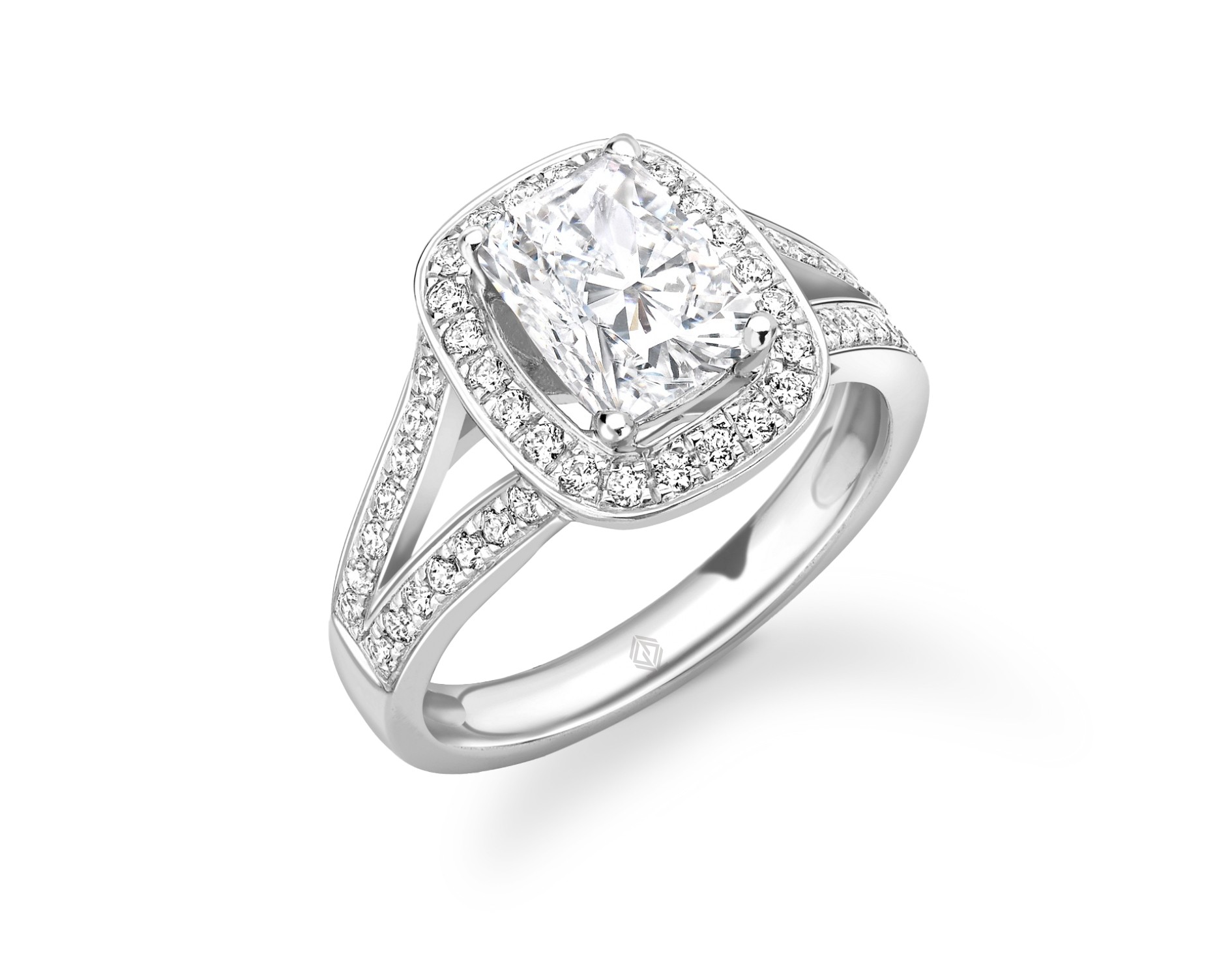 18K WHITE GOLD LONG CUSHION CUT HALO DIAMOND ENGAGEMENT RING WITH SIDE STONES IN SPLIT SHANK CHANNEL SET