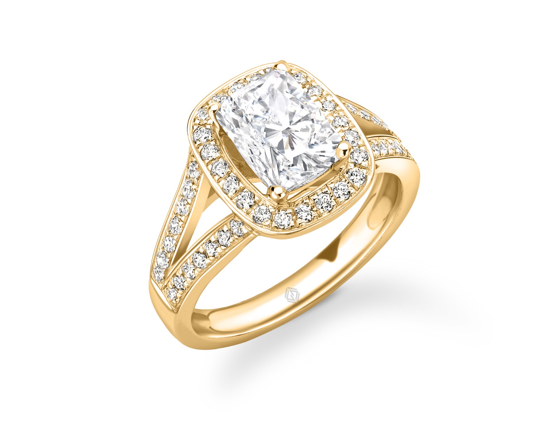 18K YELLOW GOLD LONG CUSHION CUT HALO DIAMOND ENGAGEMENT RING WITH SIDE STONES IN SPLIT SHANK CHANNEL SET