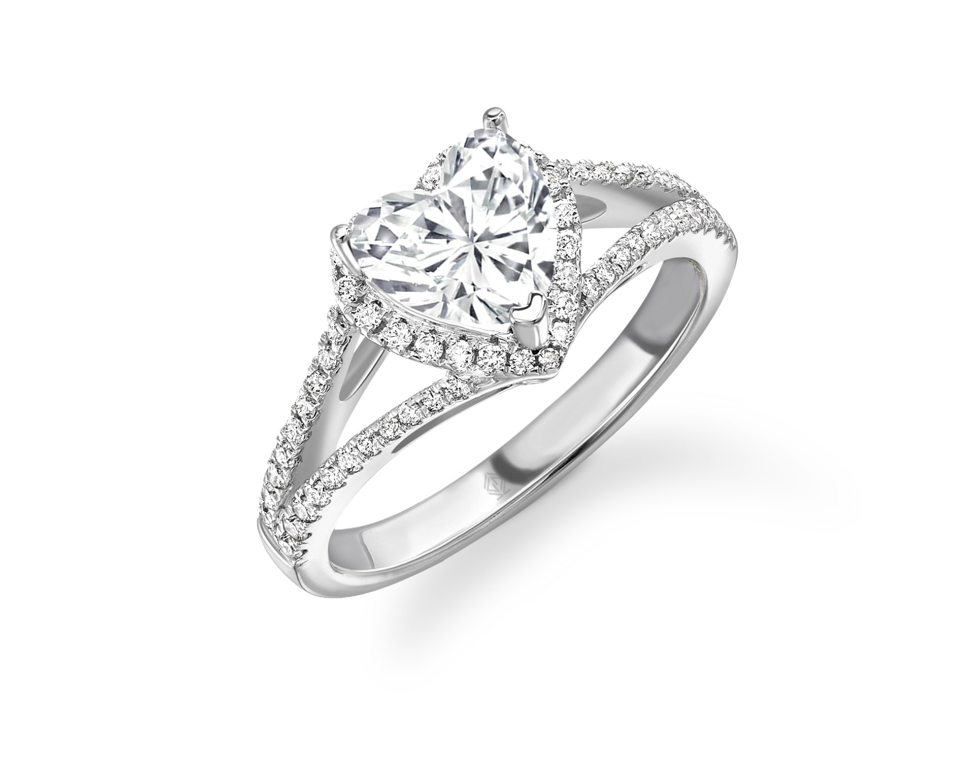 18K WHITE GOLD HEART CUT HALO DIAMOND ENGAGEMENT RING WITH SIDE STONES IN SPLIT SHANK PAVE SET