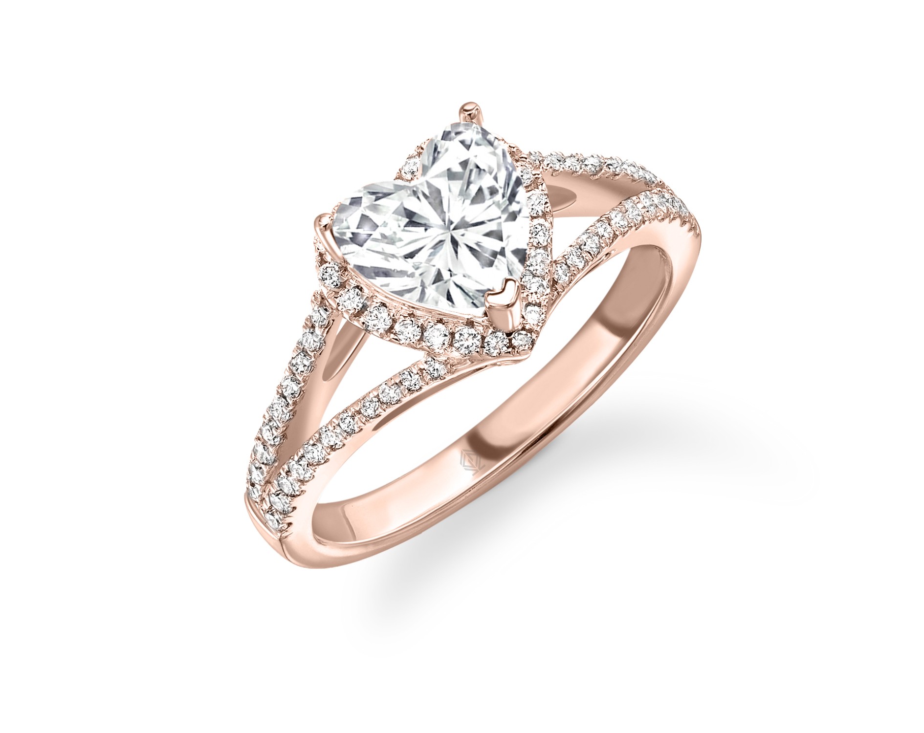 18K ROSE GOLD HEART CUT HALO DIAMOND ENGAGEMENT RING WITH SIDE STONES IN SPLIT SHANK PAVE SET