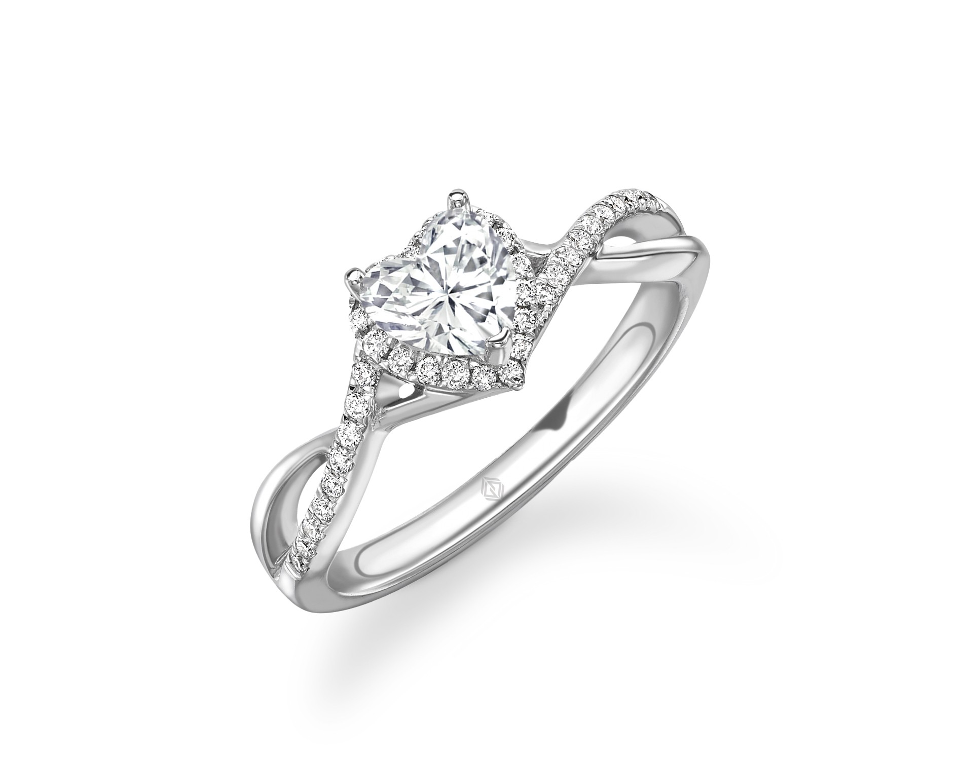 18K WHITE GOLD HEART CUT HALO DIAMOND ENGAGEMENT RING WITH SIDE STONES IN TWISTED SHANK PAVE SET