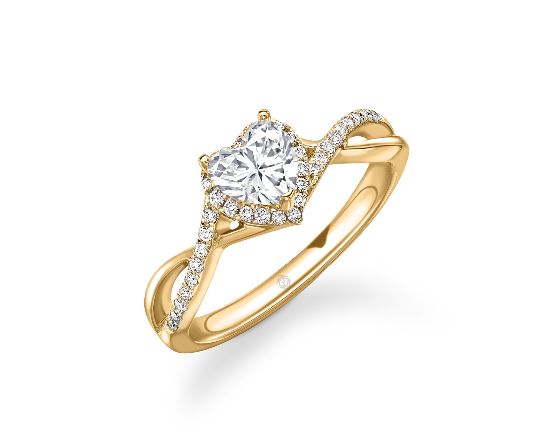 18K YELLOW GOLD HEART CUT HALO DIAMOND ENGAGEMENT RING WITH SIDE STONES IN TWISTED SHANK PAVE SET