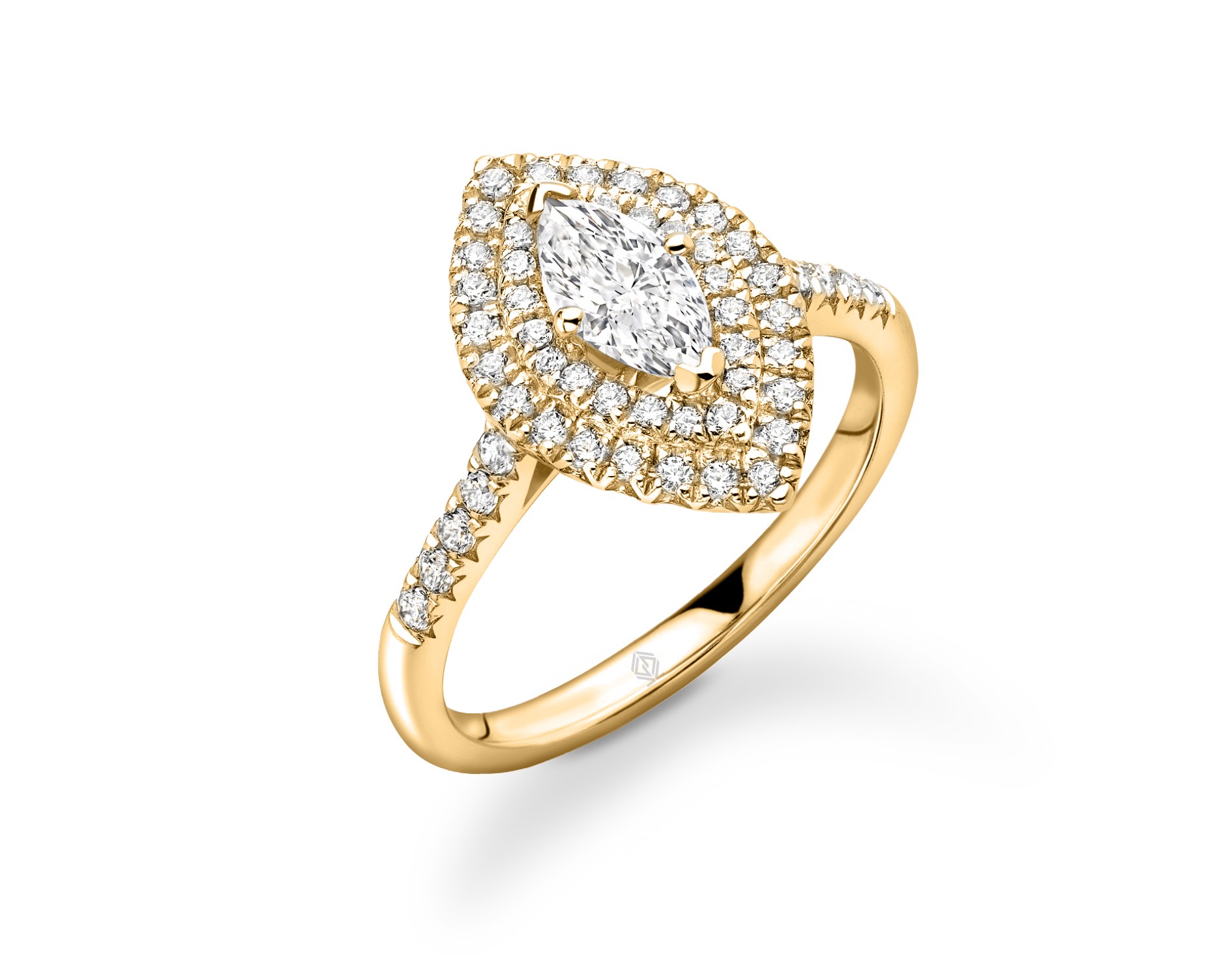 18K YELLOW GOLD DOUBLE HALO MARQUISE CUT DIAMOND ENGAGEMENT RING WITH SIDE STONES PAVE SET