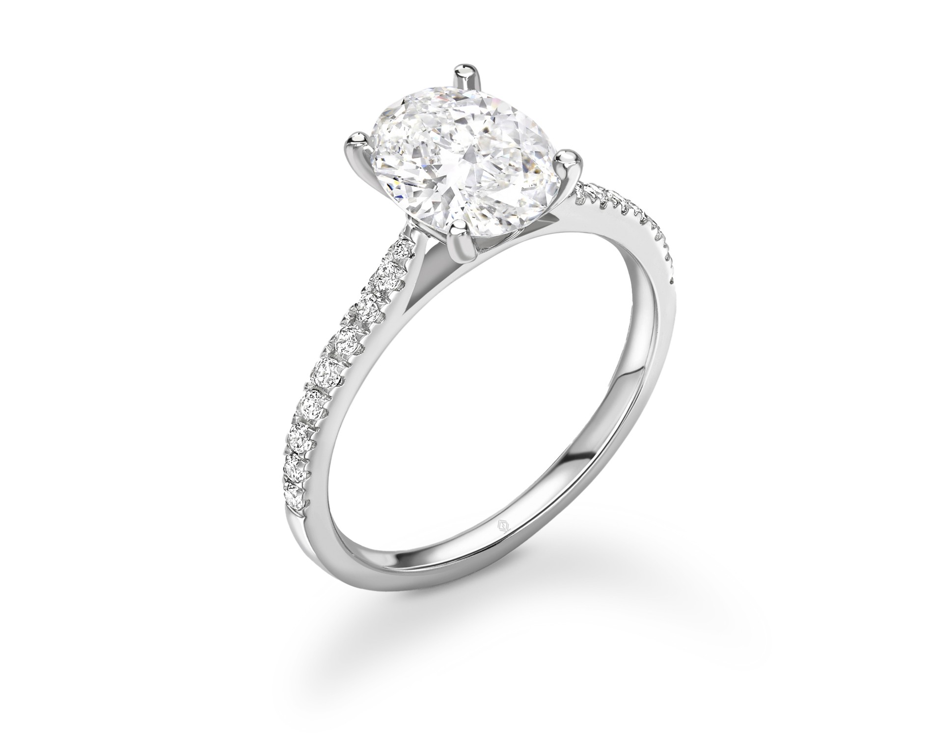 18K WHITE GOLD OVAL CUT 4 PRONGS DIAMOND ENGAGEMENT RING WITH SIDE STONES PAVE SET