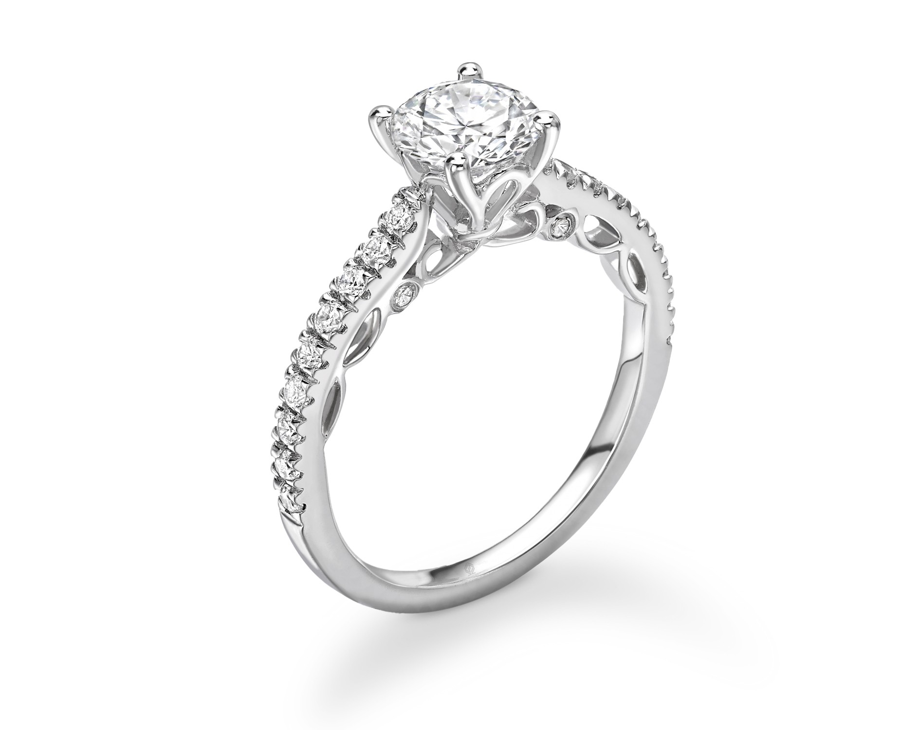 18K WHITE GOLD 4 PRONGS ROUND CUT DIAMOND ENGAGEMENT RING WITH SIDE STONES PAVE SET