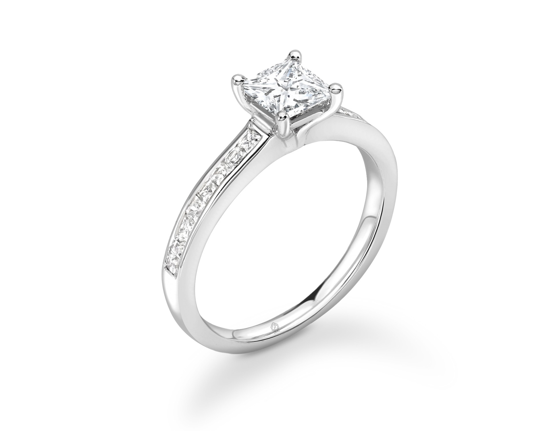 18K WHITE GOLD 4 PRONGS PRINCESS CUT DIAMOND ENGAGEMENT RING WITH SIDE STONES CHANNEL SET