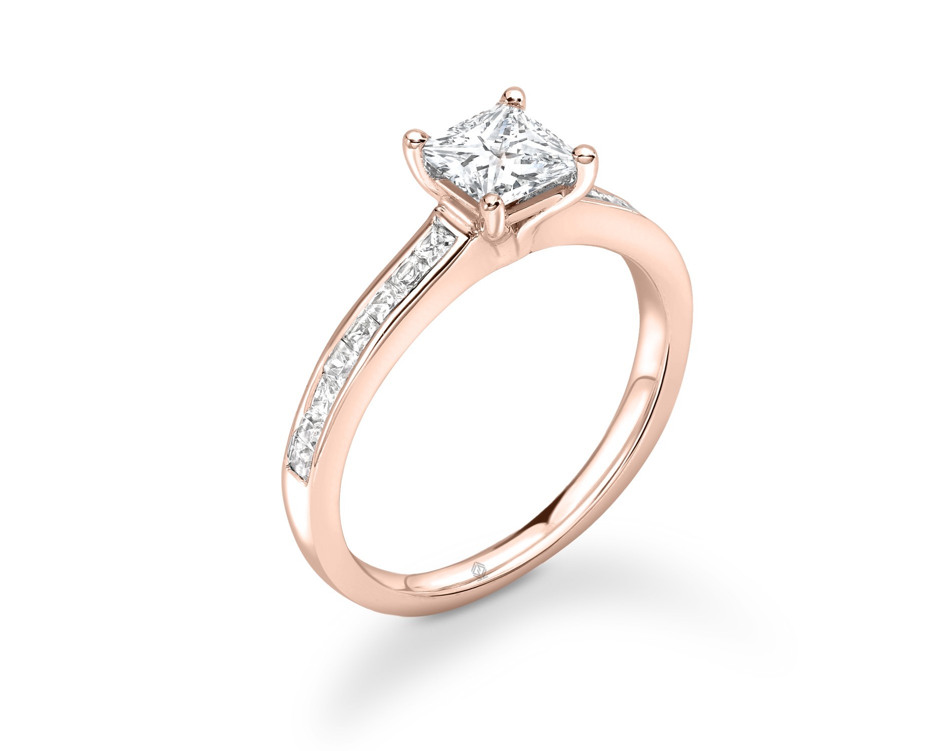 18K ROSE GOLD 4 PRONGS PRINCESS CUT DIAMOND ENGAGEMENT RING WITH SIDE STONES CHANNEL SET
