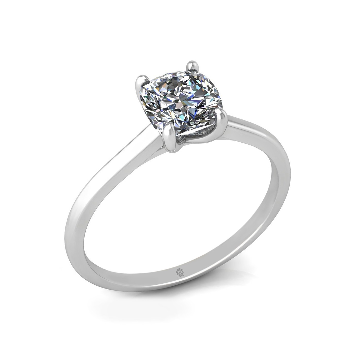18K WHITE GOLD 4 PRONGS SOLITAIRE CUSHION CUT DIAMOND ENGAGEMENT RING WITH WHISPER THIN BAND