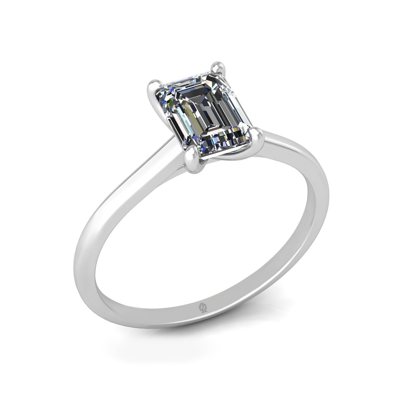 18K WHITE GOLD 4 PRONGS SOLITAIRE EMERALD CUT DIAMOND ENGAGEMENT RING WITH WHISPER THIN BAND