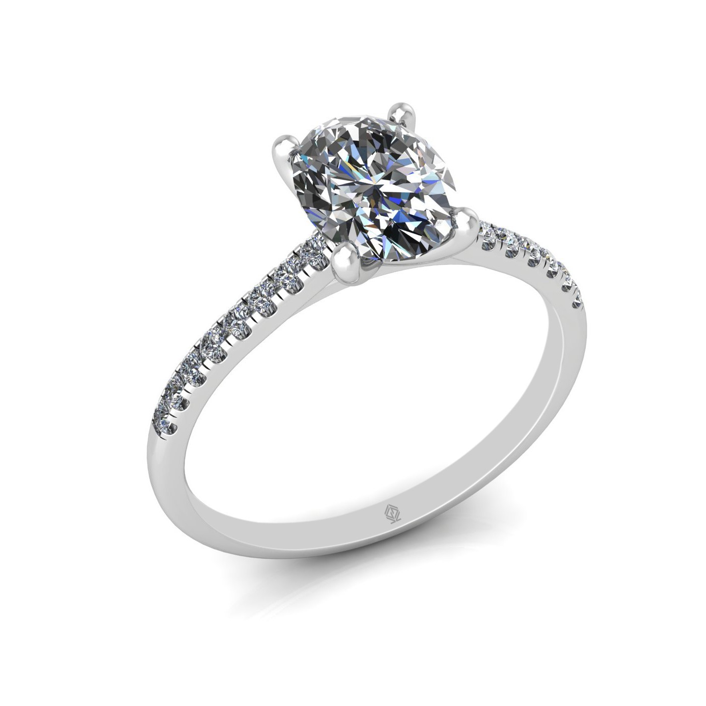 18K WHITE GOLD 4 PRONGS OVAL CUT DIAMOND ENGAGEMENT RING WITH WHISPER THIN PAVÉ SET BAND