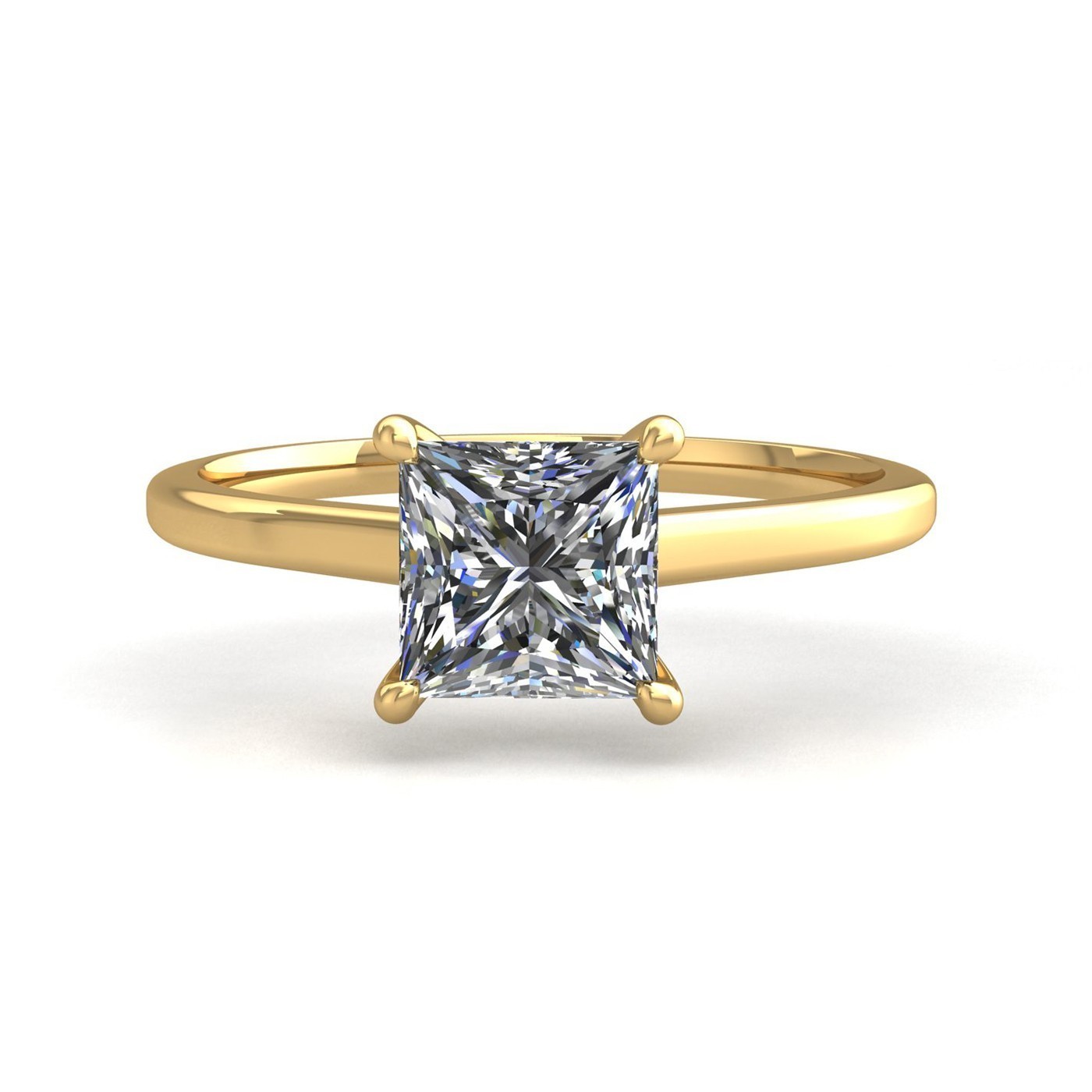 18K YELLOW GOLD 4 PRONGS SOLITAIRE PRINCESS CUT DIAMOND ENGAGEMENT RING WITH WHISPER THIN BAND