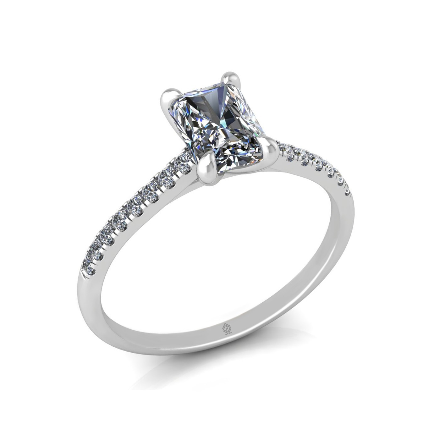 18K WHITE GOLD 4 PRONGS RADIANT CUT DIAMOND ENGAGEMENT RING WITH WHISPER THIN PAVÉ SET BAND