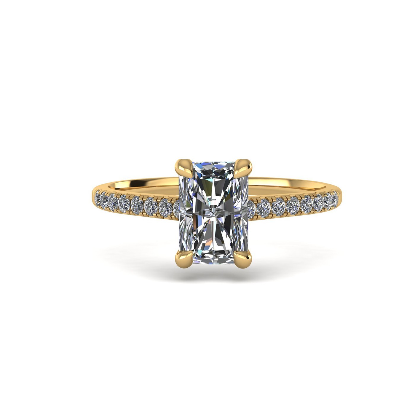 18K YELLOW GOLD 4 PRONGS RADIANT CUT DIAMOND ENGAGEMENT RING WITH WHISPER THIN PAVÉ SET BAND
