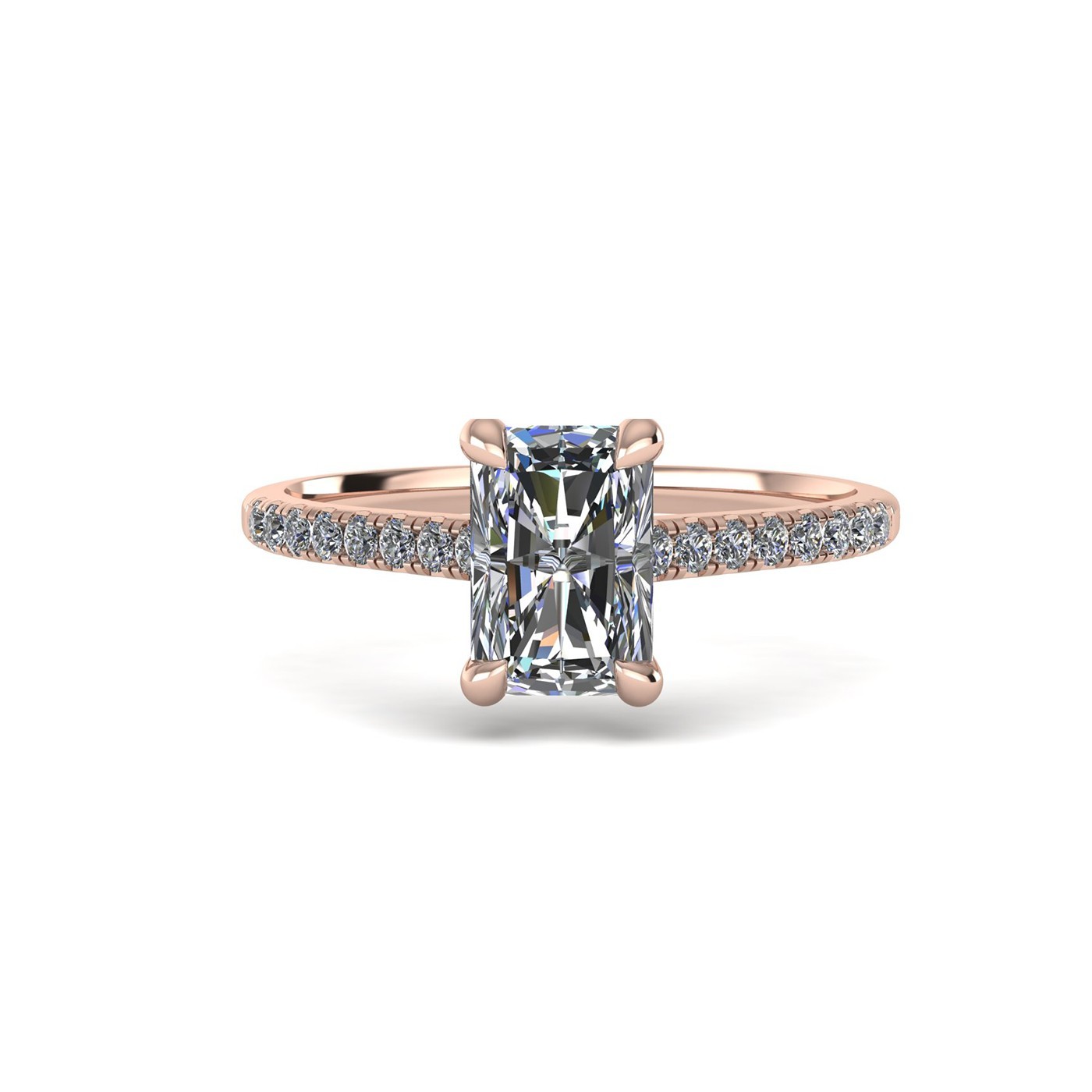 18K ROSE GOLD 4 PRONGS RADIANT CUT DIAMOND ENGAGEMENT RING WITH WHISPER THIN PAVÉ SET BAND