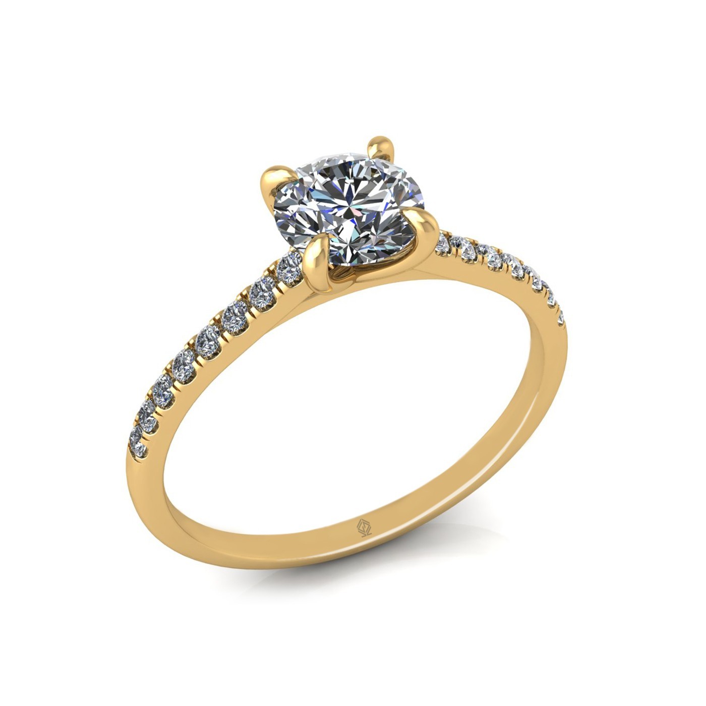 18K YELLOW GOLD 4 PRONGS ROUND CUT DIAMOND ENGAGEMENT RING WITH WHISPER THIN PAVÉ SET BAND