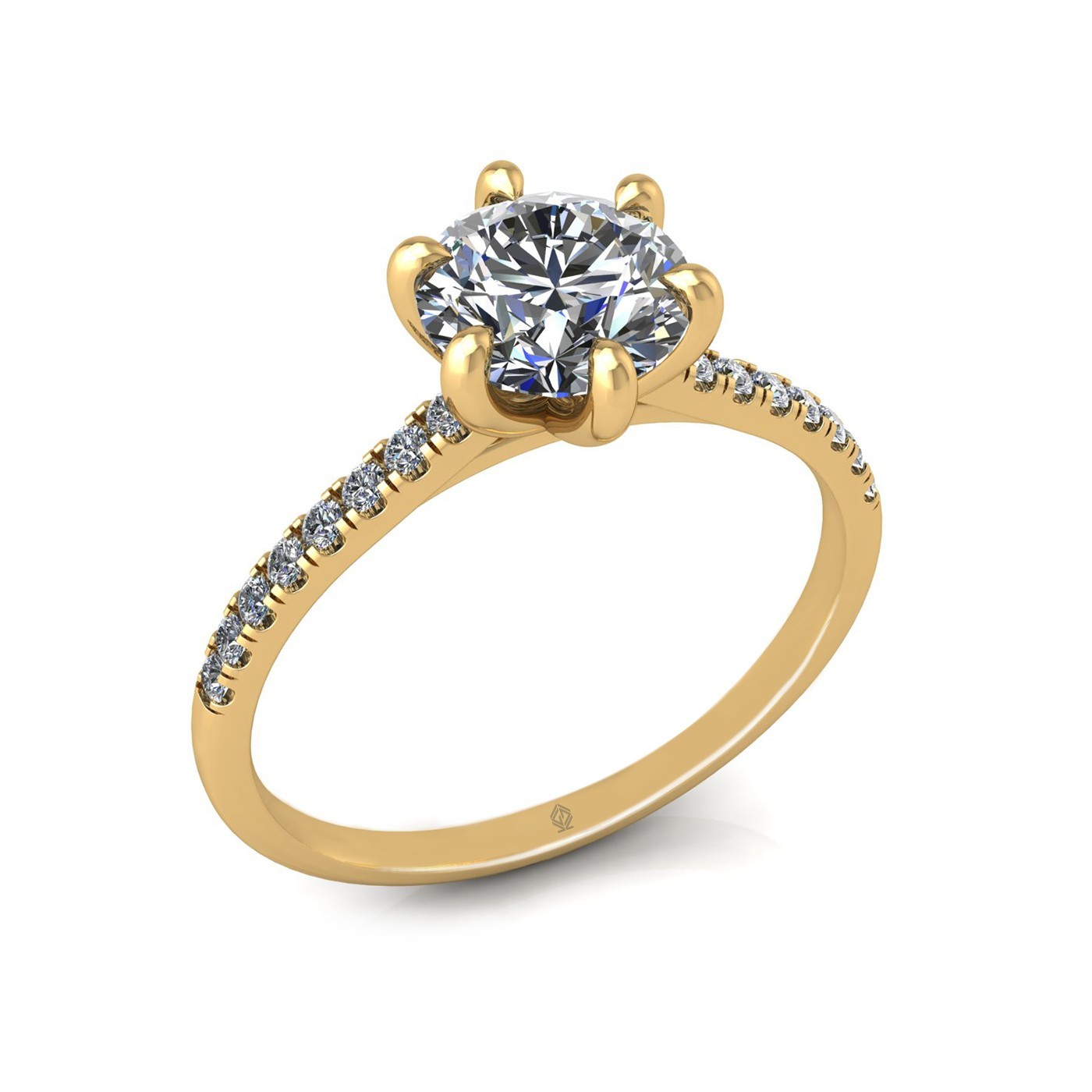 18K YELLOW GOLD 6 PRONGS ROUND CUT DIAMOND ENGAGEMENT RING WITH WHISPER THIN PAVÉ SET BAND