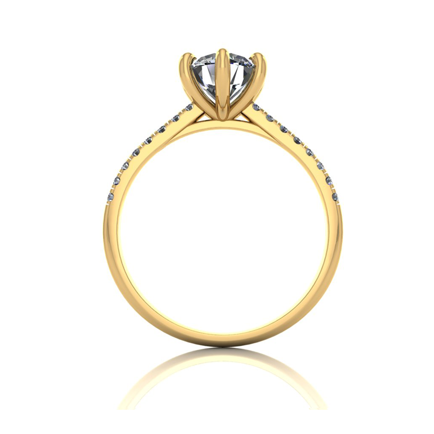 18K YELLOW GOLD 6 PRONGS ROUND CUT DIAMOND ENGAGEMENT RING WITH WHISPER THIN PAVÉ SET BAND