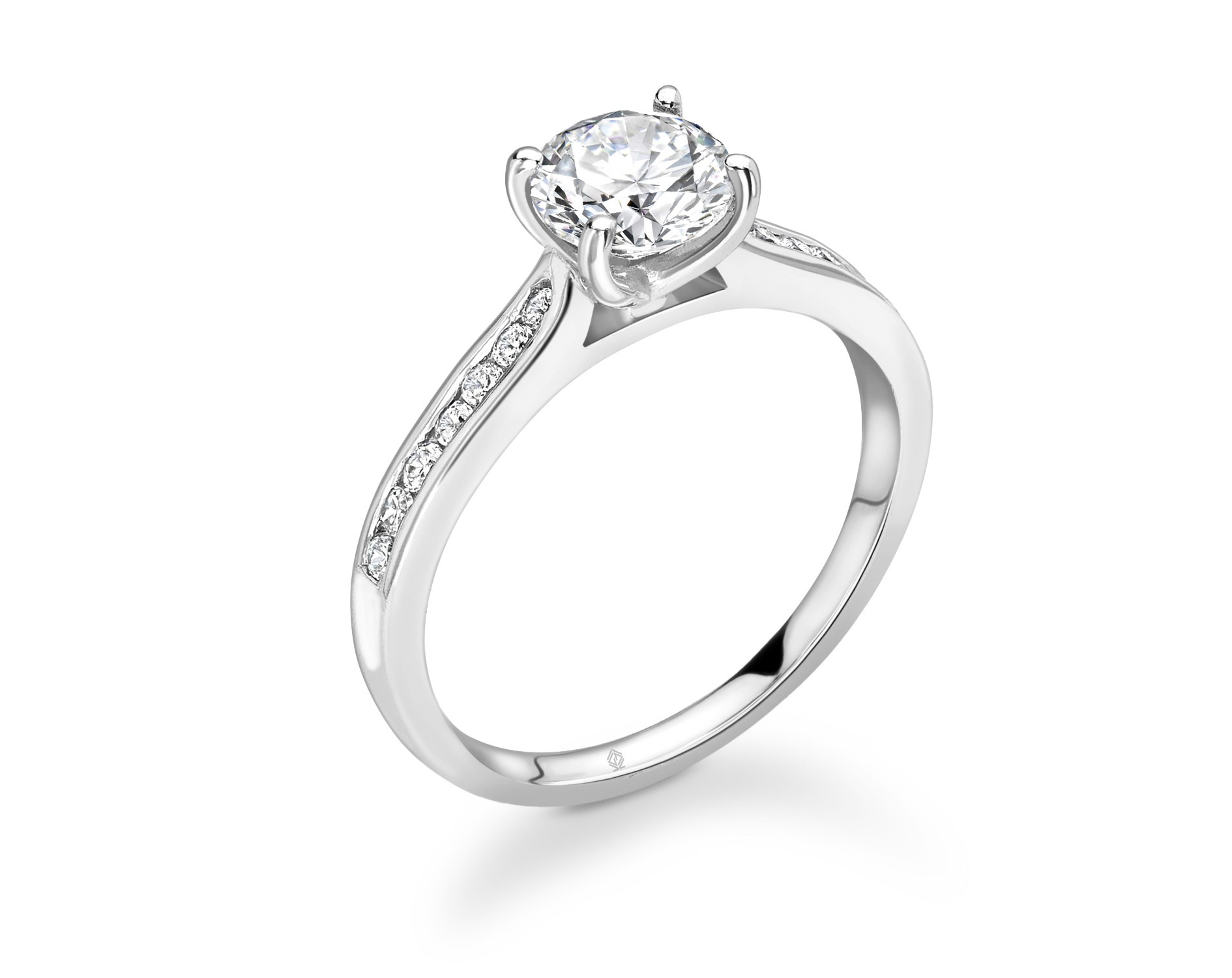 18K WHITE GOLD 4 PRONGS ROUND CUT DIAMOND ENGAGEMENT RING WITH SIDE STONES CHANNEL SET