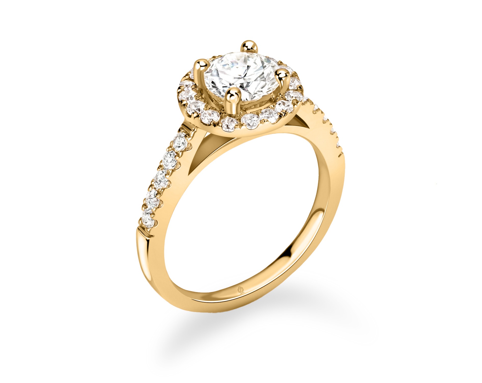 18K YELLOW GOLD 4 PRONGS HALO ROUND CUT DIAMOND ENGAGEMENT RING WITH SIDE STONES PAVE SET