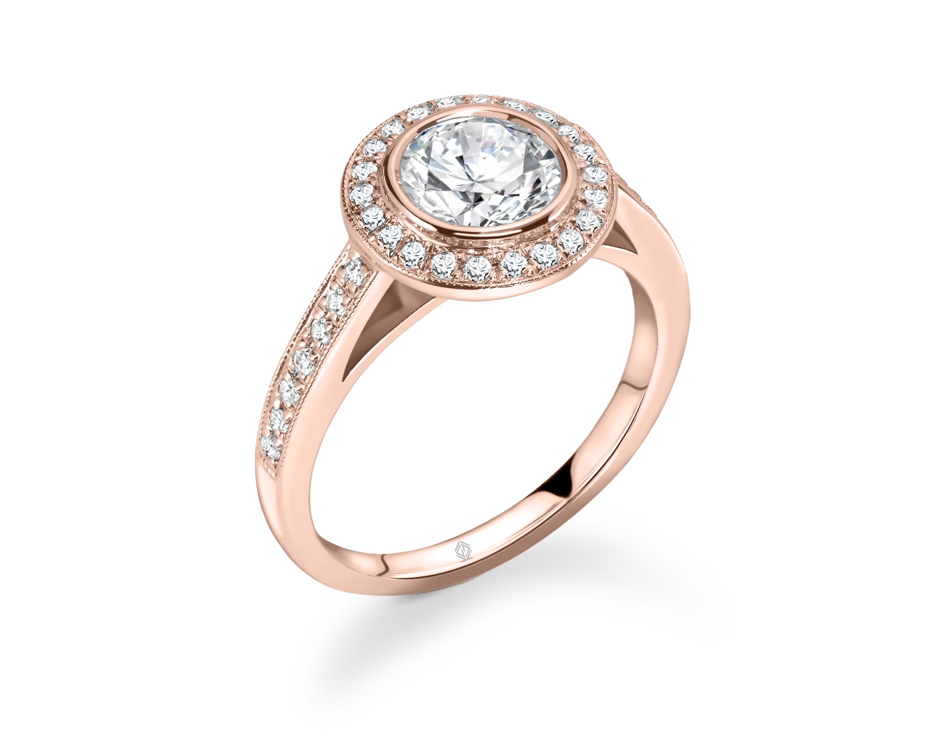18K ROSE GOLD VINTAGE MILGRAIN ROUND DIAMOND RING WITH SIDE DIAMONDS CHANNEL SET