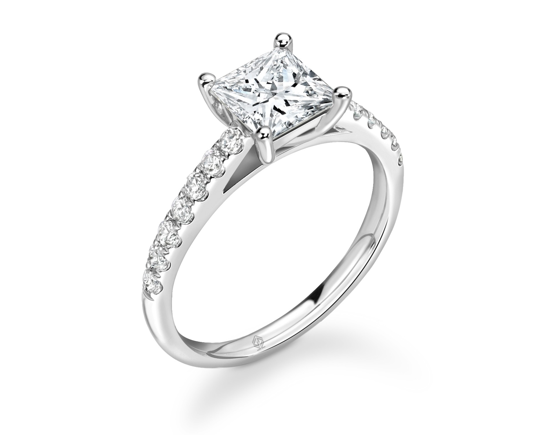 18K WHITE GOLD 4 PRONGS PRINCESS CUT DIAMOND ENGAGEMENT RING WITH SIDE STONES PAVE SET