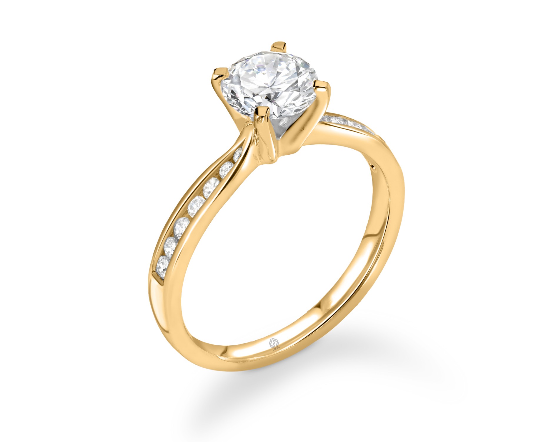 18K YELLOW GOLD 4 PRONGS ROUND CUT DIAMOND ENGAGEMENT RING WITH SIDE STONES CHANNEL SET