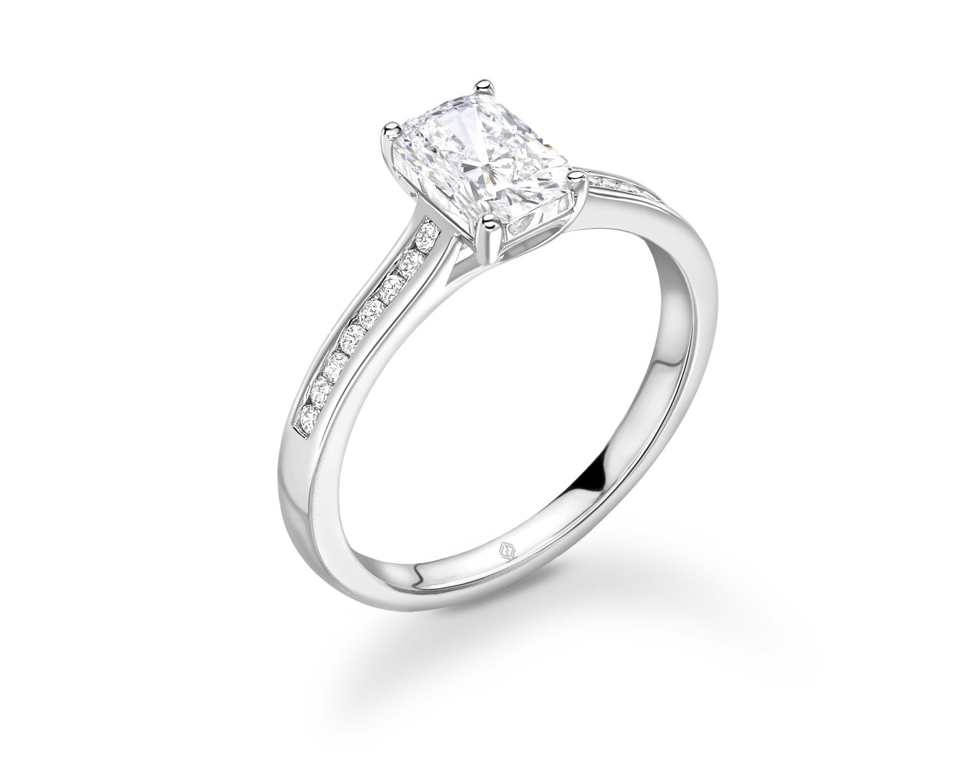18K WHITE GOLD 4 PRONGS EMERALD CUT DIAMOND ENGAGEMENT RING WITH SIDE STONES CHANNEL SET