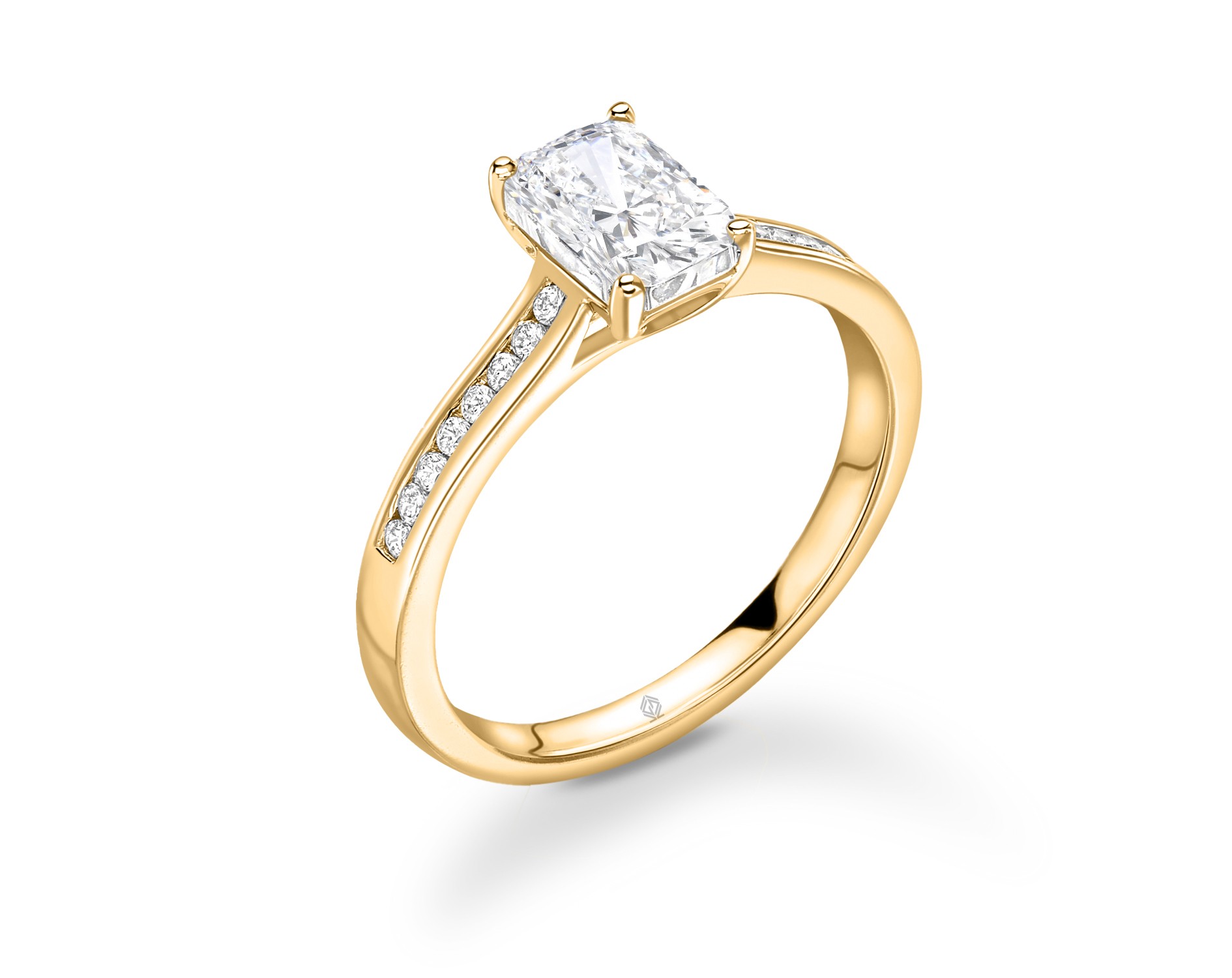 18K YELLOW GOLD 4 PRONGS EMERALD CUT DIAMOND ENGAGEMENT RING WITH SIDE STONES CHANNEL SET