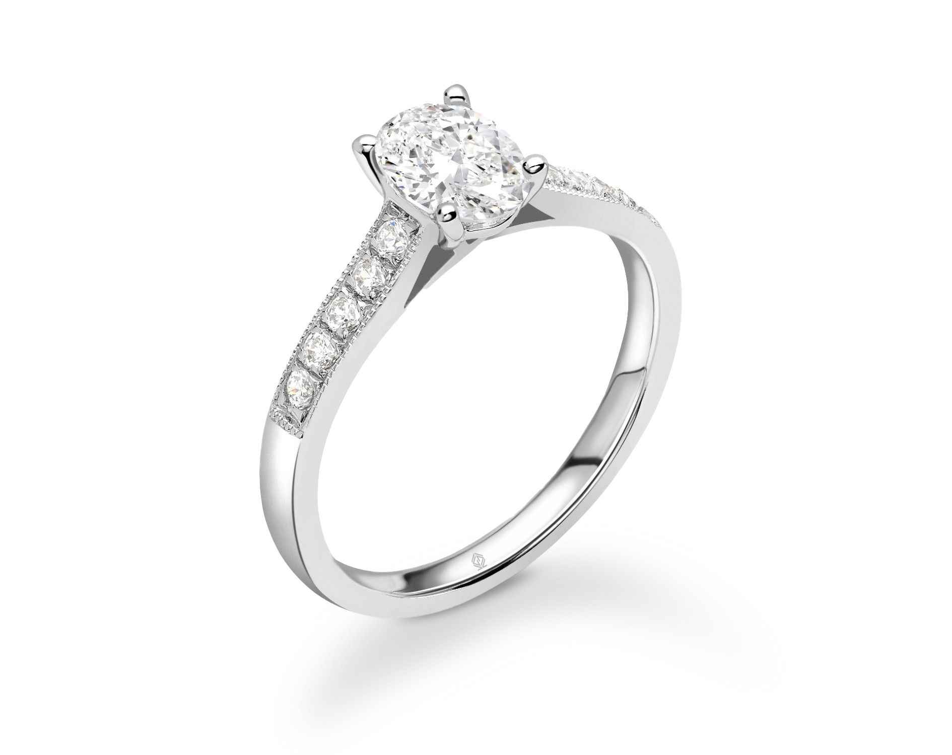18K WHITE GOLD OVAL CUT DIAMOND ENGAGEMENT RING WITH SIDE STONES MILGRAIN CHANNEL SET