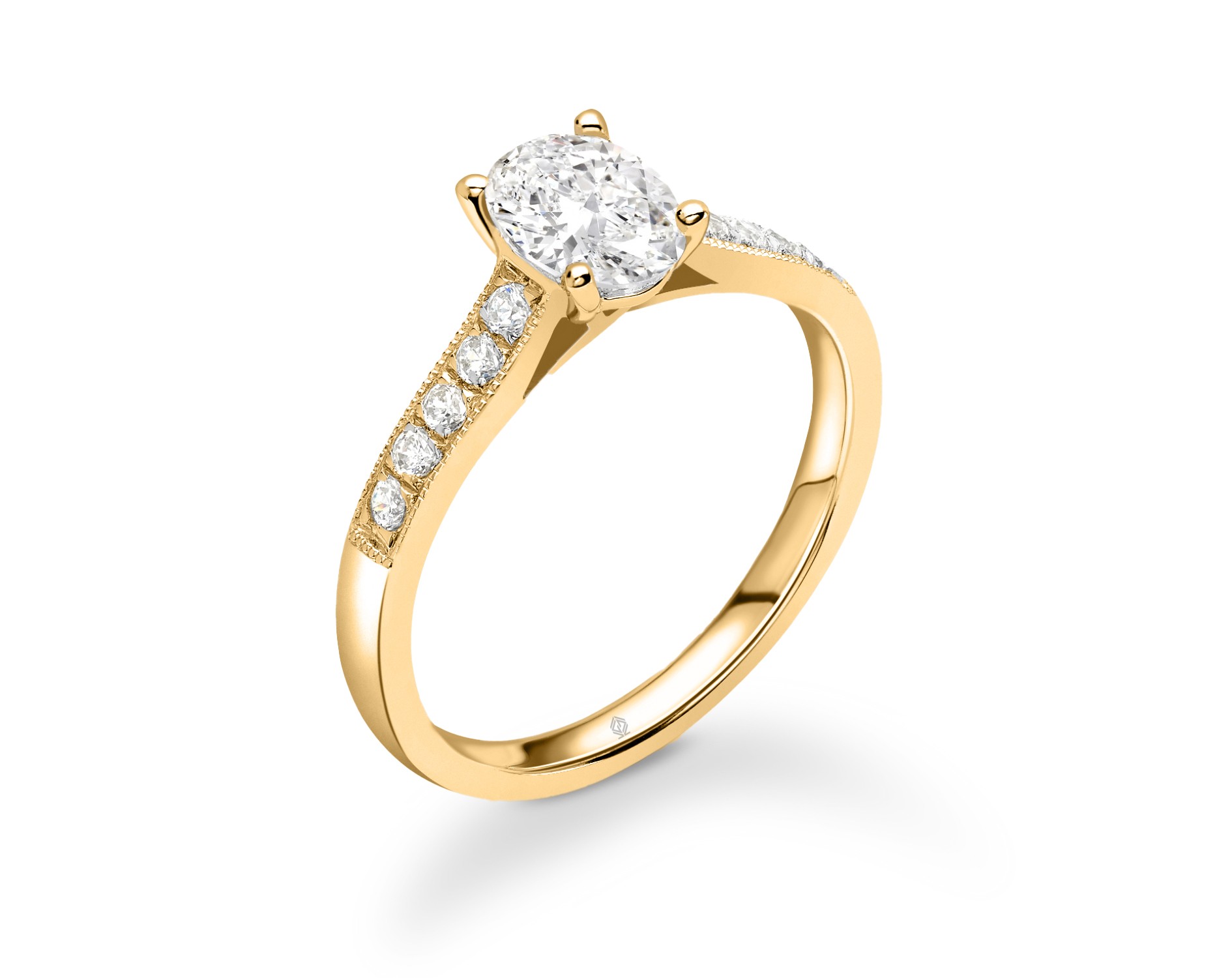 18K YELLOW GOLD OVAL CUT DIAMOND ENGAGEMENT RING WITH SIDE STONES MILGRAIN CHANNEL SET